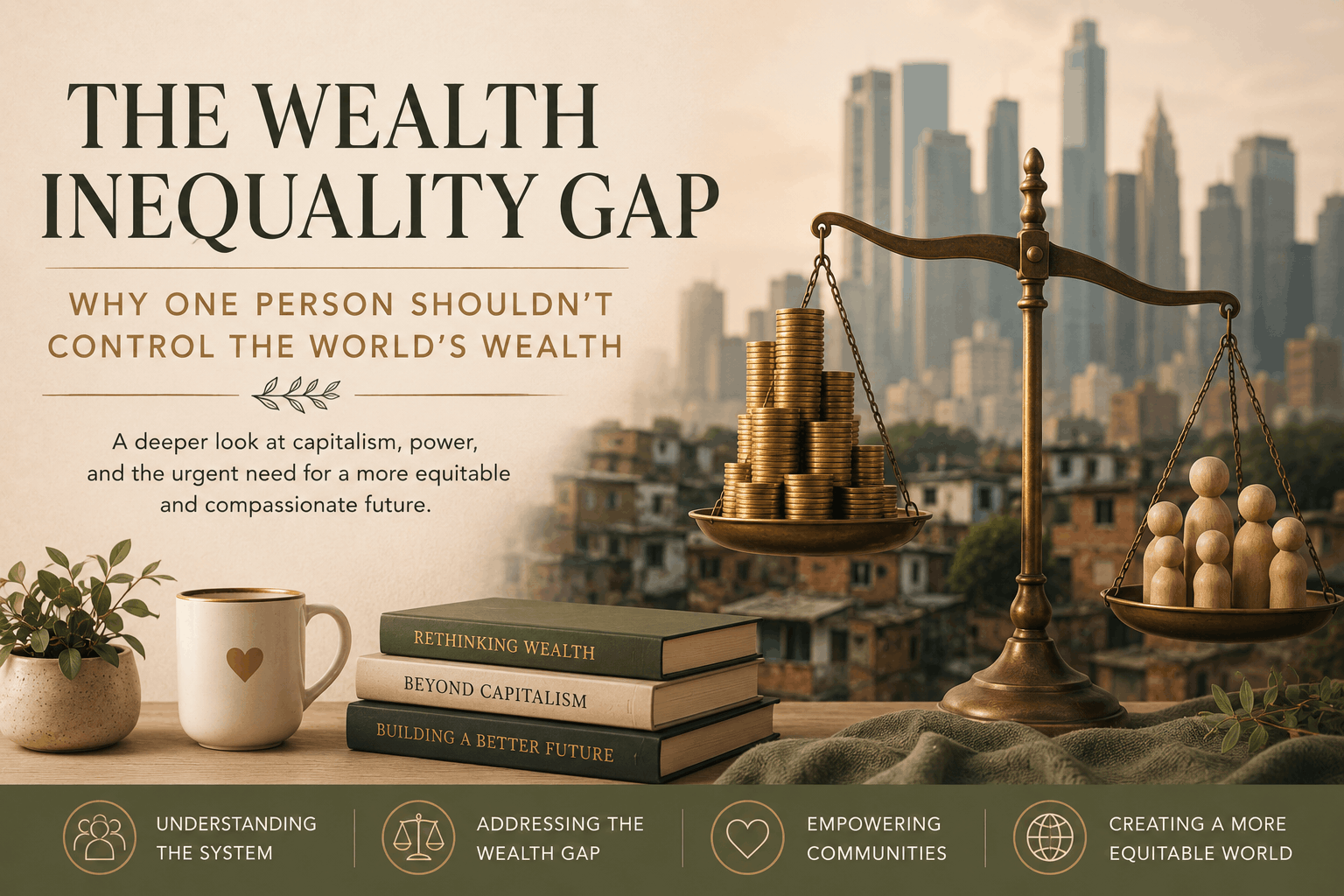 Editorial-style blog cover showing an unbalanced scale with stacked coins outweighing people figures against contrasting cityscapes, representing the wealth inequality gap, capitalism, corporate power, and economic imbalance.