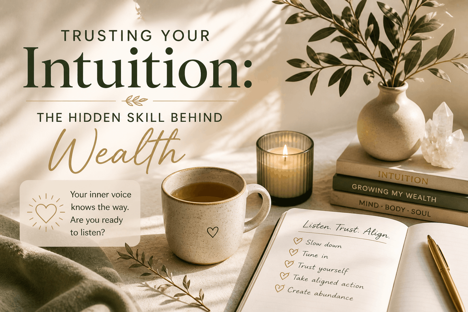 Soft neutral-toned journaling and meditation workspace with candle, tea, crystals, and calming wellness aesthetic representing trusting your intuition and emotional clarity.