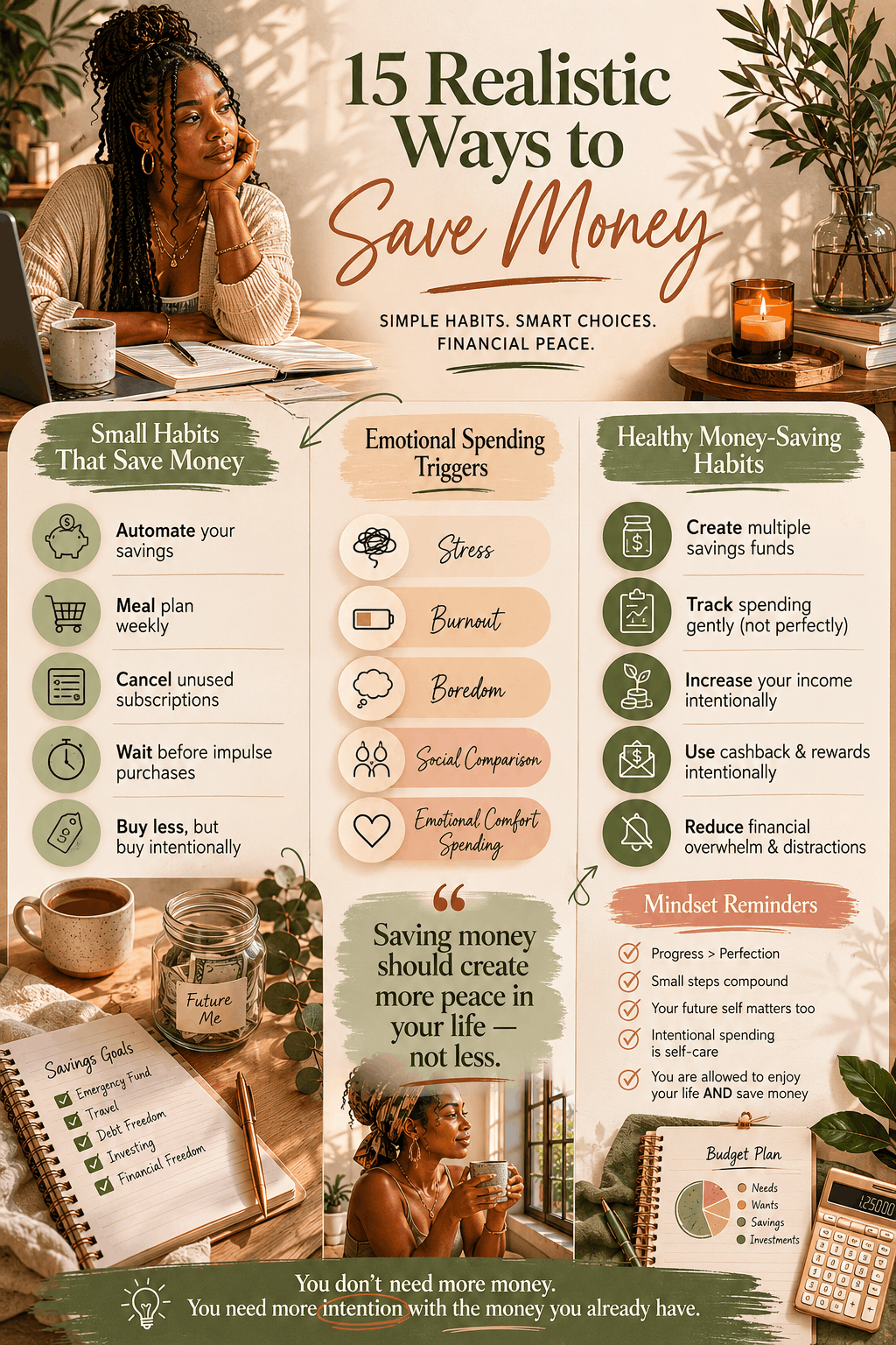 Earth-toned financial wellness infographic showing realistic ways to save money, emotional spending triggers, and sustainable money-saving habits for long-term financial stability.