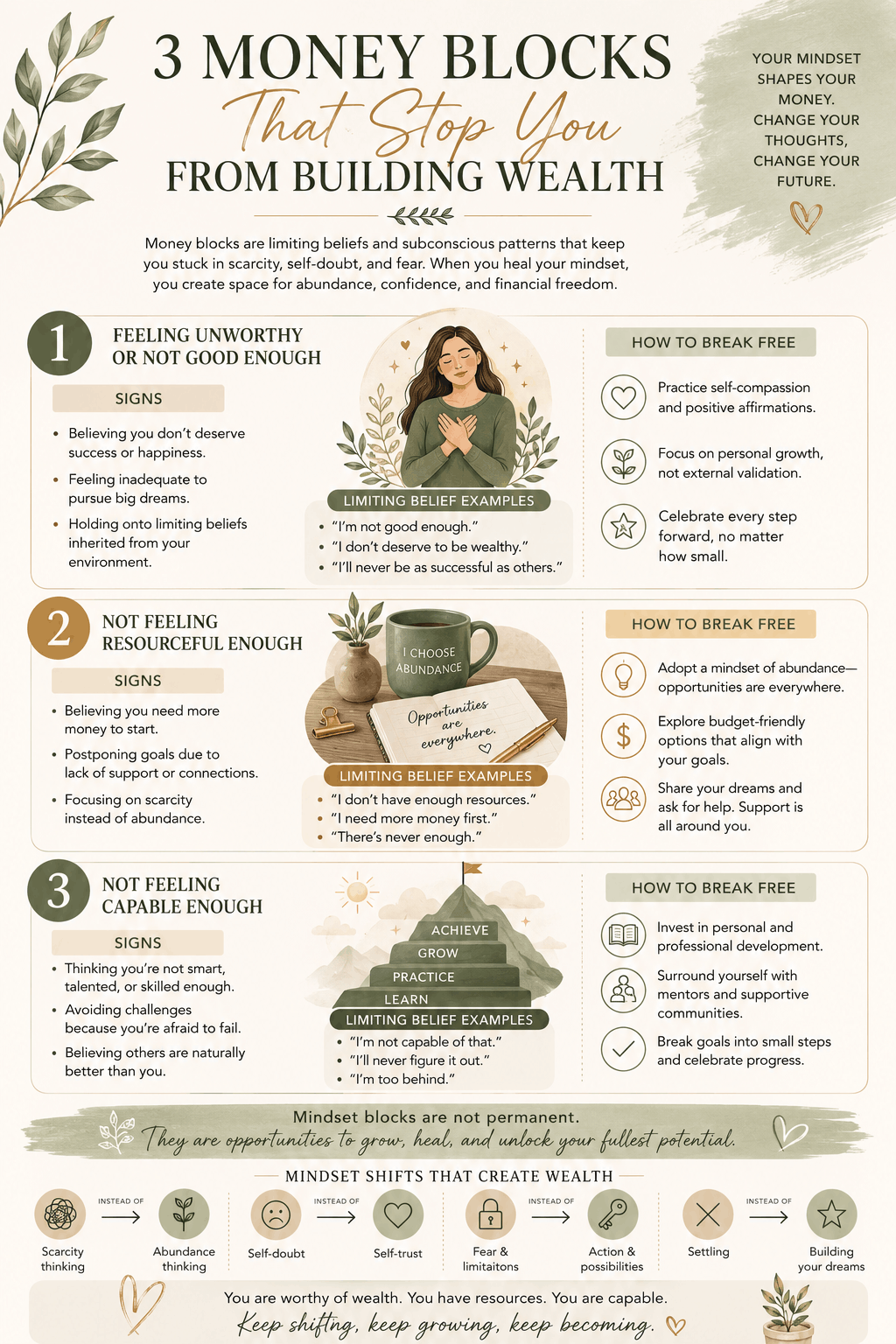 Infographic explaining three common money blocks including unworthiness, scarcity mindset, and lack of confidence, with practical mindset shifts for abundance, wealth building, and emotional healing around money.