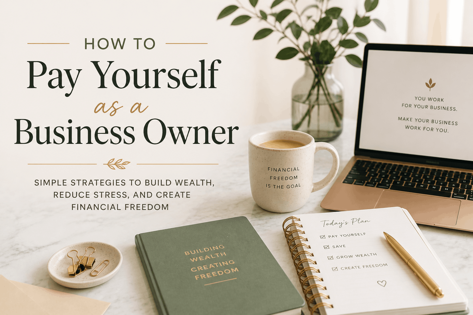 Minimalist business owner workspace featuring a laptop, budgeting notebook, coffee mug, and financial planning tools representing how to pay yourself as a business owner.