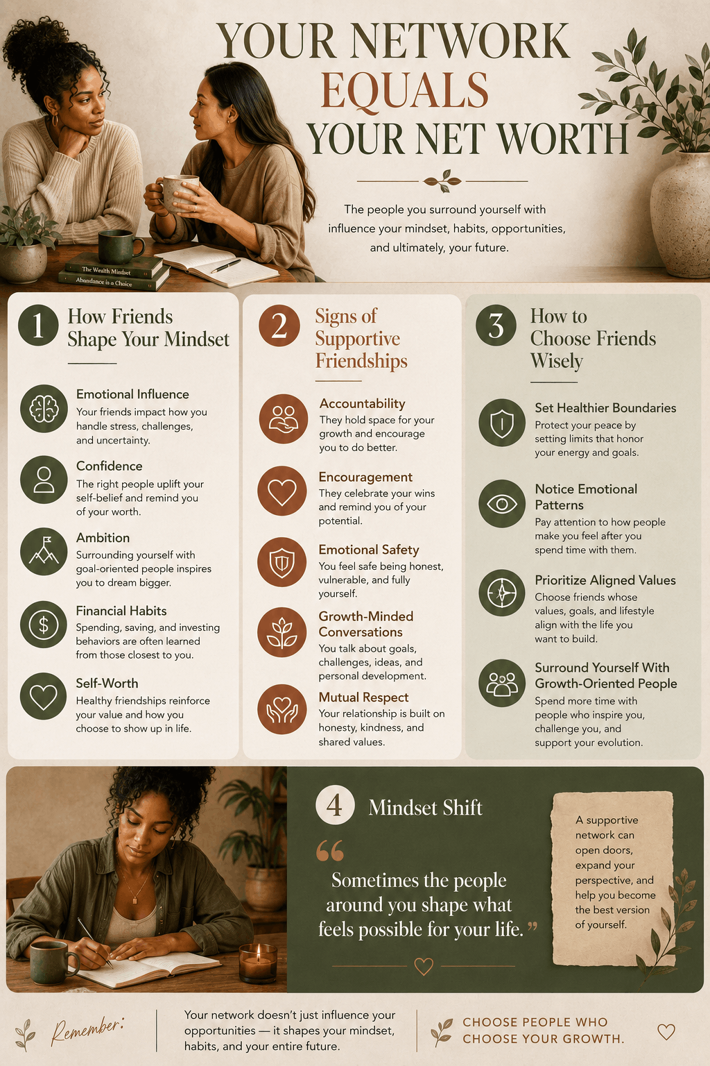 Earth-toned infographic explaining how friendships influence mindset, financial habits, emotional wellbeing, and personal growth through supportive social circles.