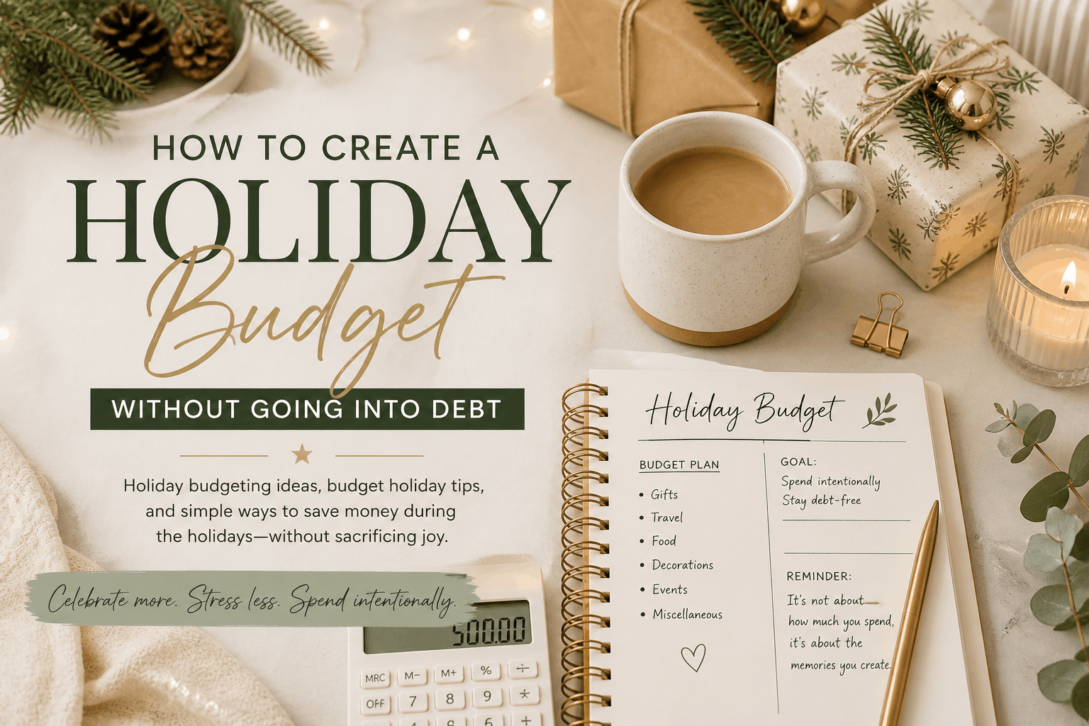 Cozy holiday budgeting workspace with wrapped Christmas gifts, planner, calculator, coffee mug, candles, and neutral holiday decor representing holiday budgeting ideas and saving money during holidays.