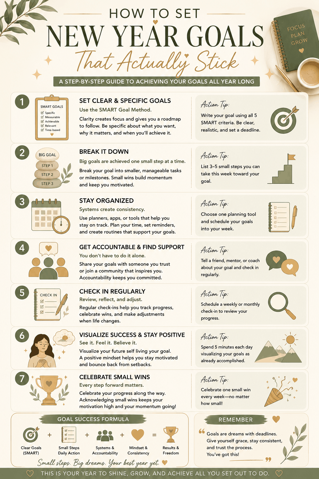 Infographic explaining how to set New Year goals using SMART goals, habit systems, accountability, organization, visualization, and realistic goal planning strategies.