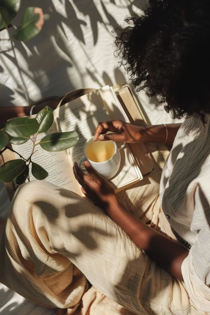 woman holding tea over book sitting on white blanker with plant nearby