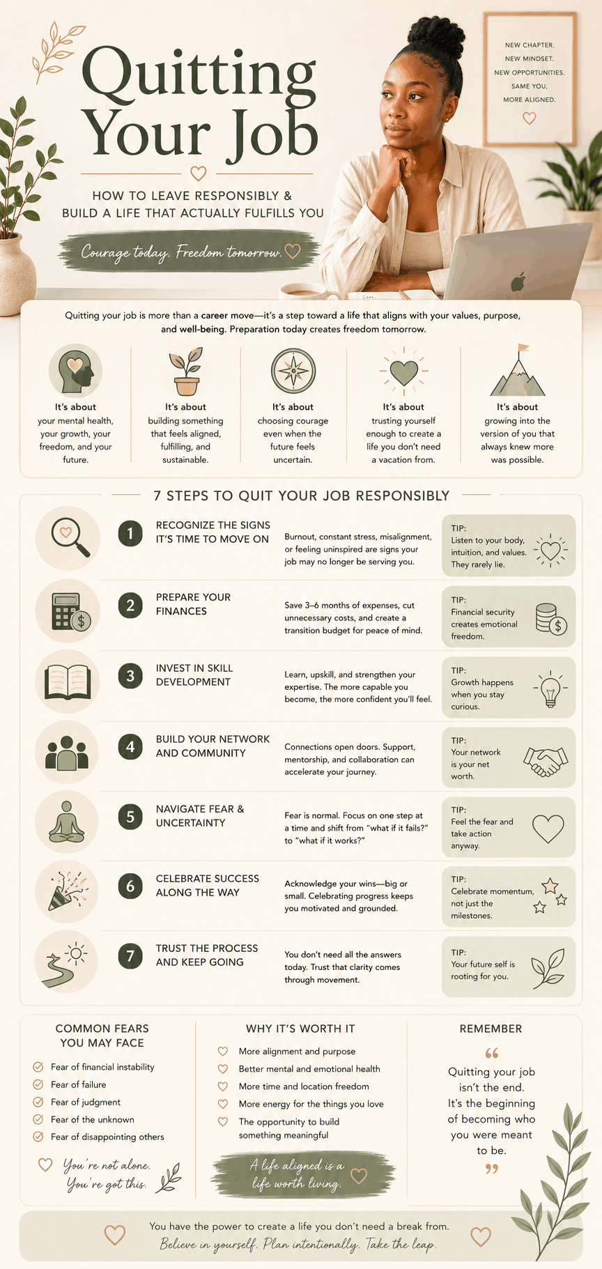 Wellness-inspired infographic explaining how to quit your job responsibly, including financial preparation, skill development, networking, overcoming fear, and building a purpose driven career aligned with your values and wellbeing.