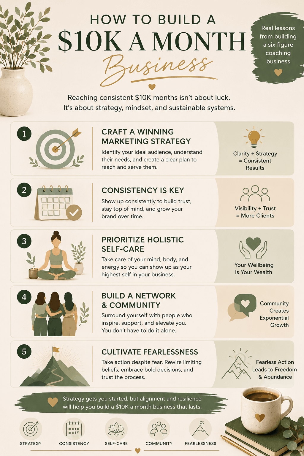 Infographic explaining how to build a $10K a month coaching business through marketing strategy, consistency, self-care, community, visibility, and sustainable business growth.