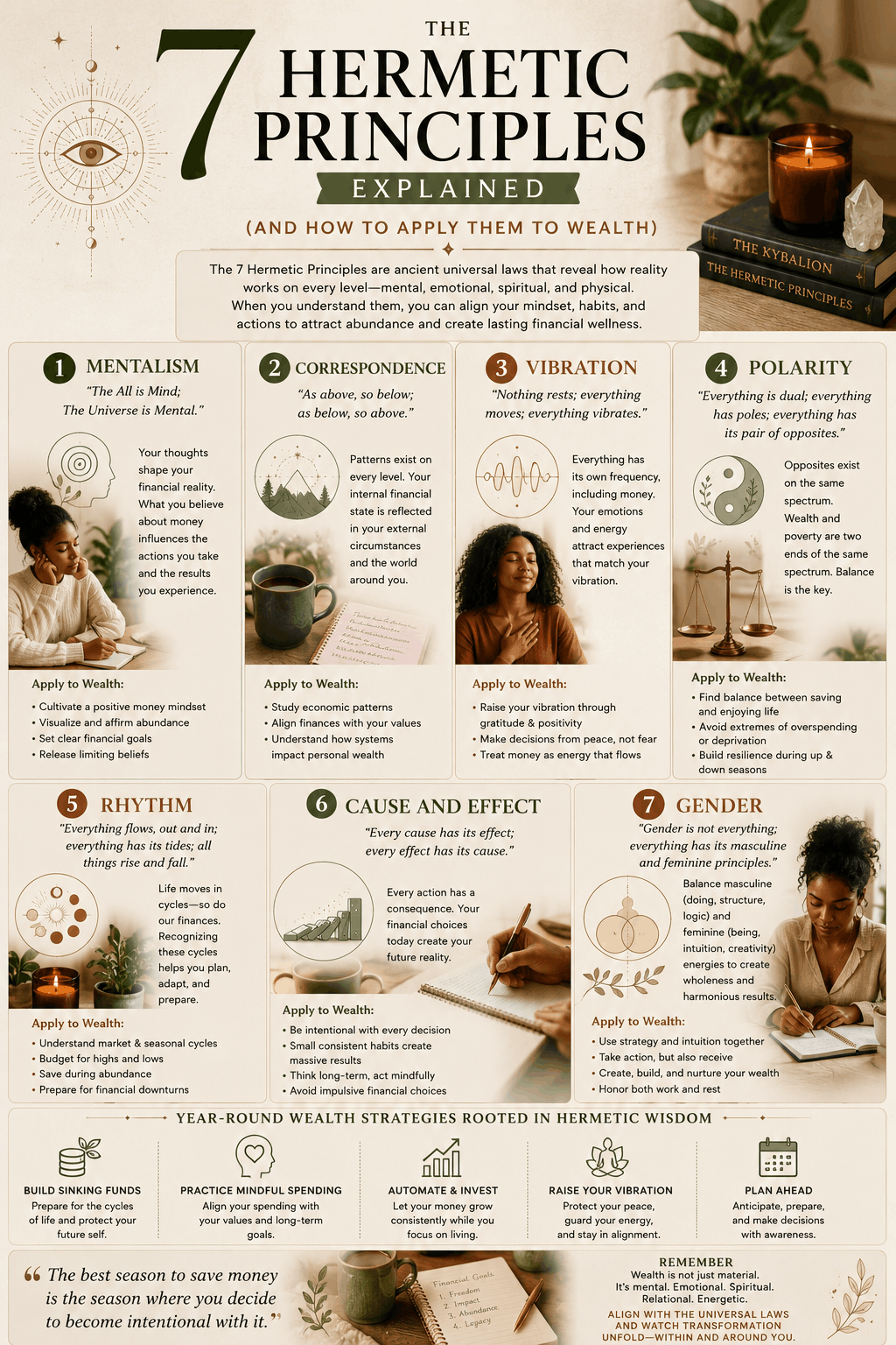 Earth-toned infographic explaining the 7 Hermetic Principles and how hermetic philosophy applies to mindset, abundance, and wealth building.