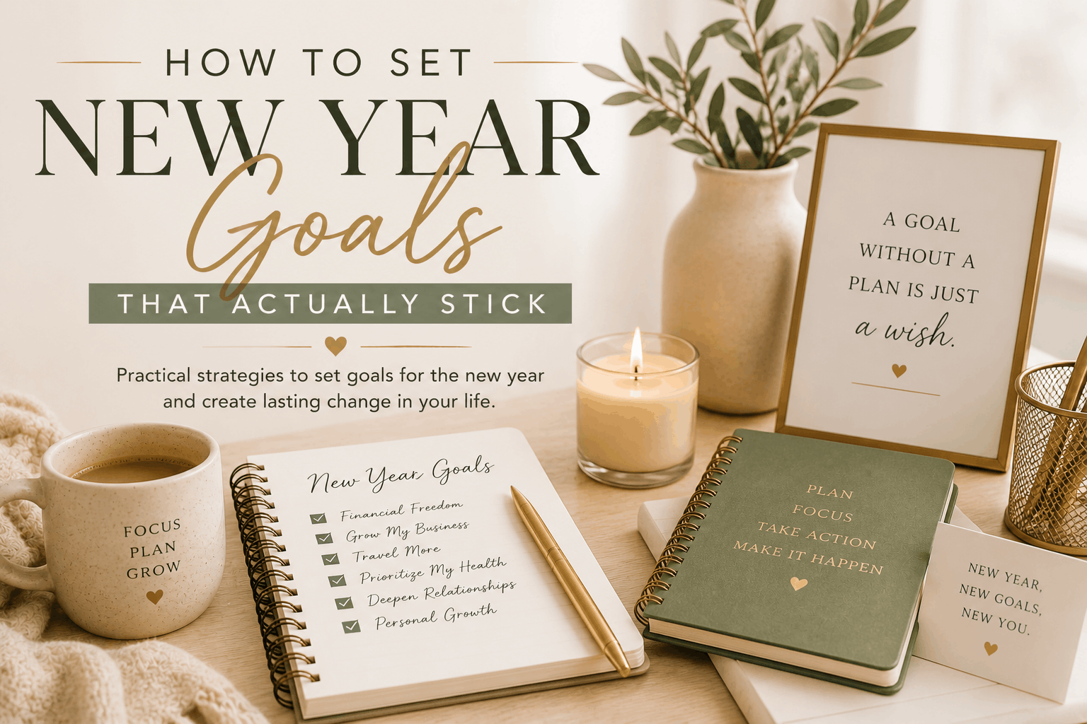 Warm neutral-toned New Year goals planning workspace with journal, coffee, planner, candles, and intentional goal setting aesthetic.