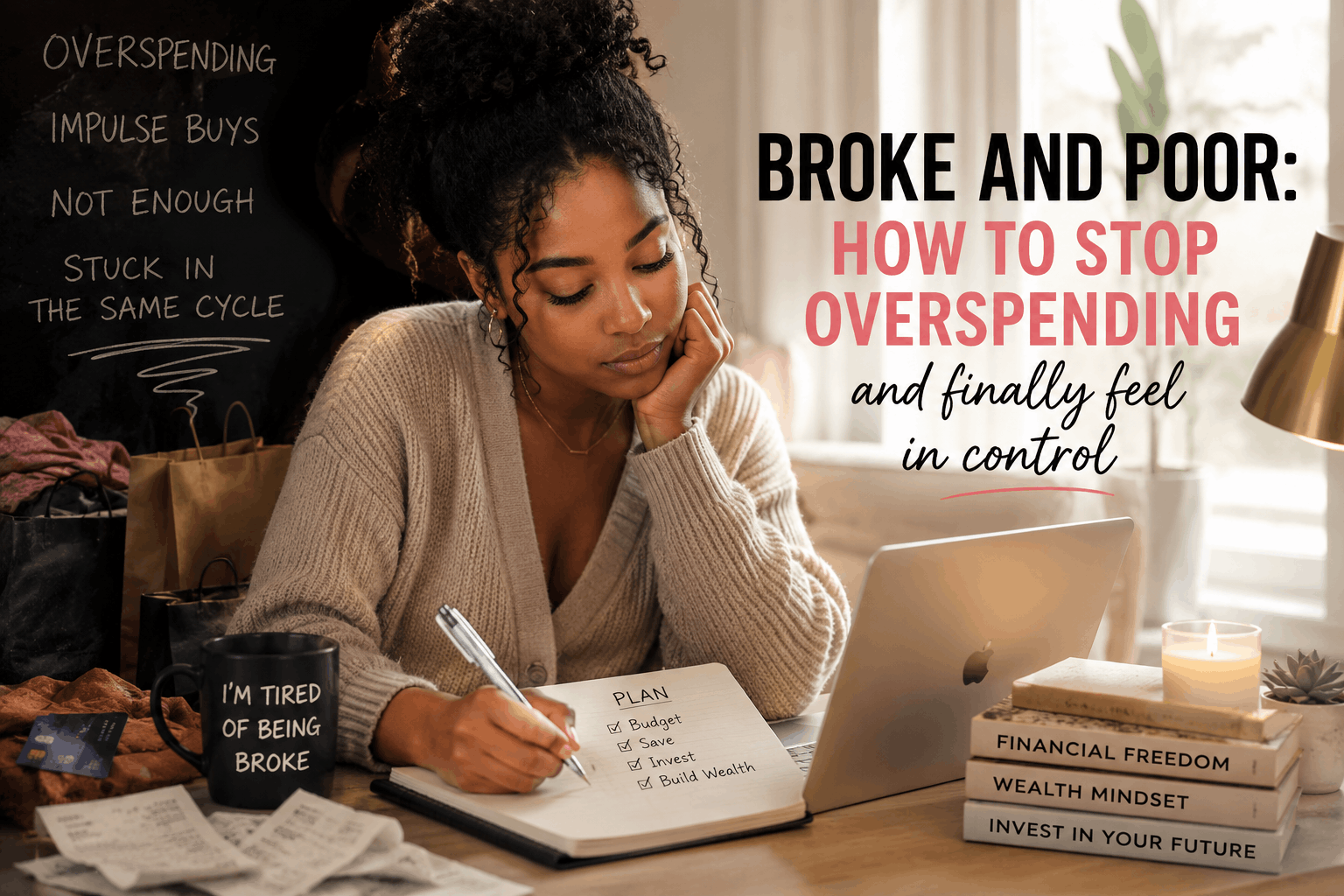 A thoughtful woman sitting at a desk planning her finances beside a laptop, receipts, and coffee, representing the emotional journey of overcoming overspending habits and learning how to stop being broke.