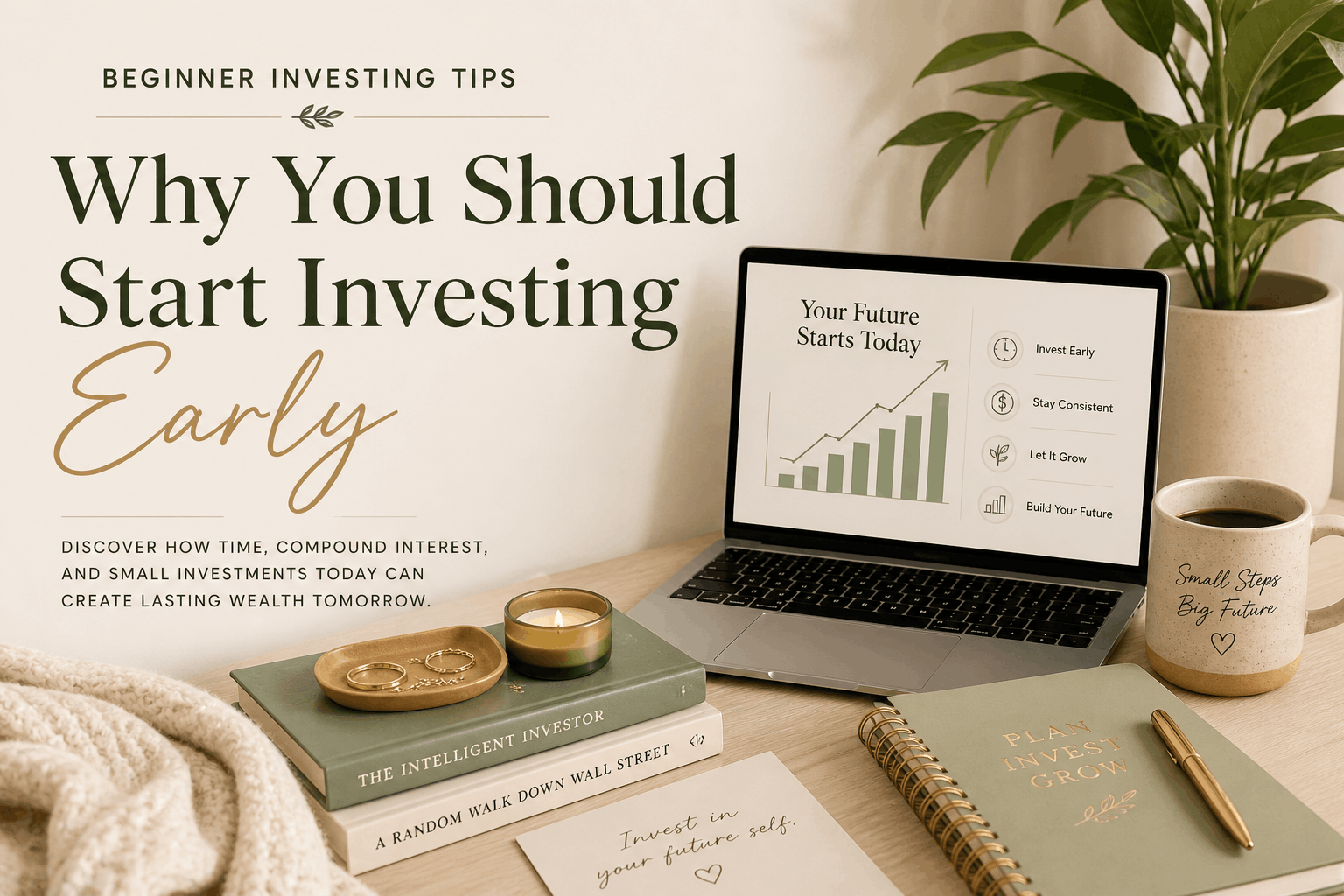 Minimal investing workspace with laptop, plant, coffee, and notebook representing beginner investing tips and why you should start investing early.