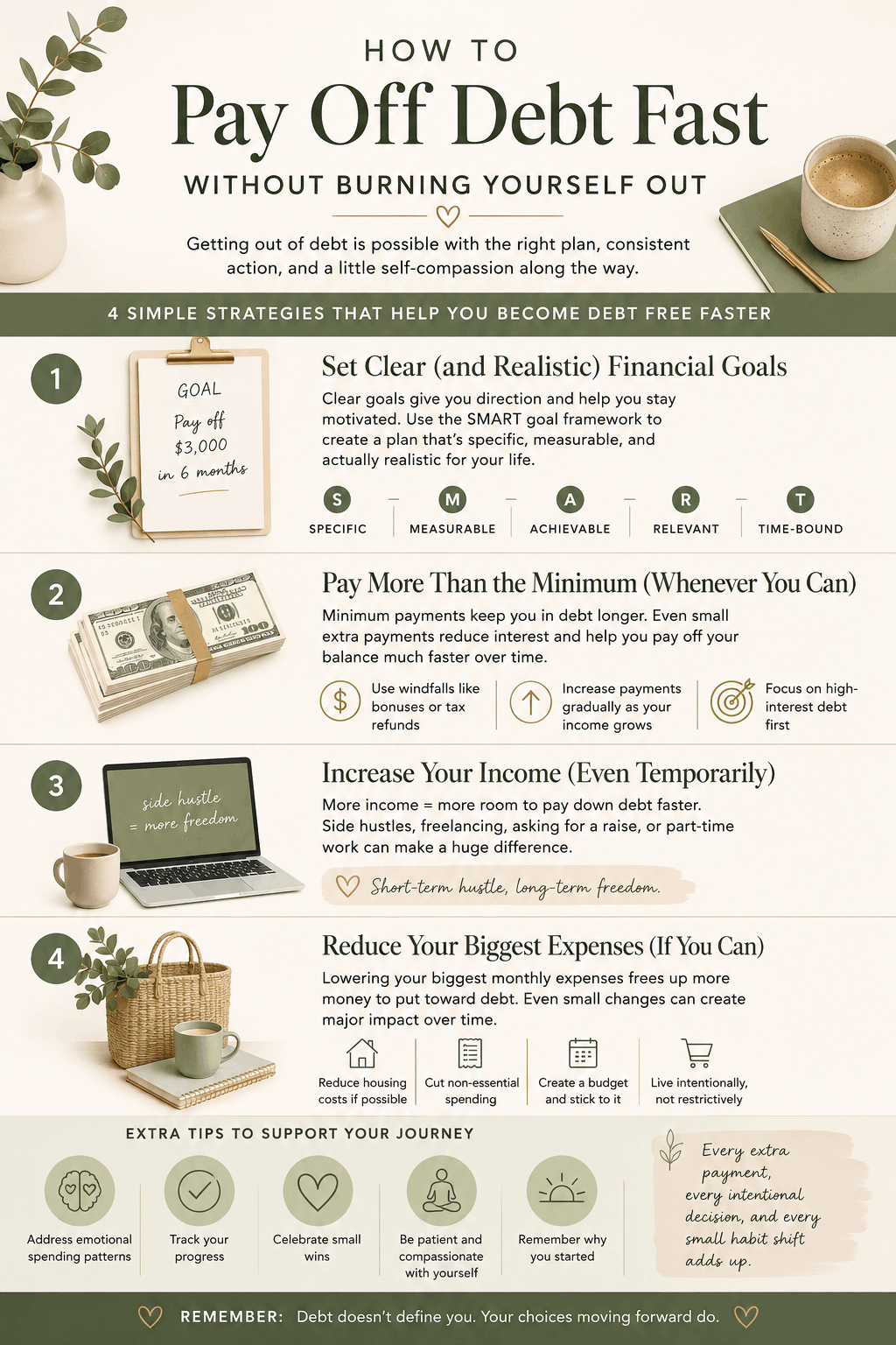 Wellness-inspired infographic explaining practical debt payoff strategies including budgeting, increasing income, reducing expenses, and building healthier financial habits to pay off debt fast without burnout.