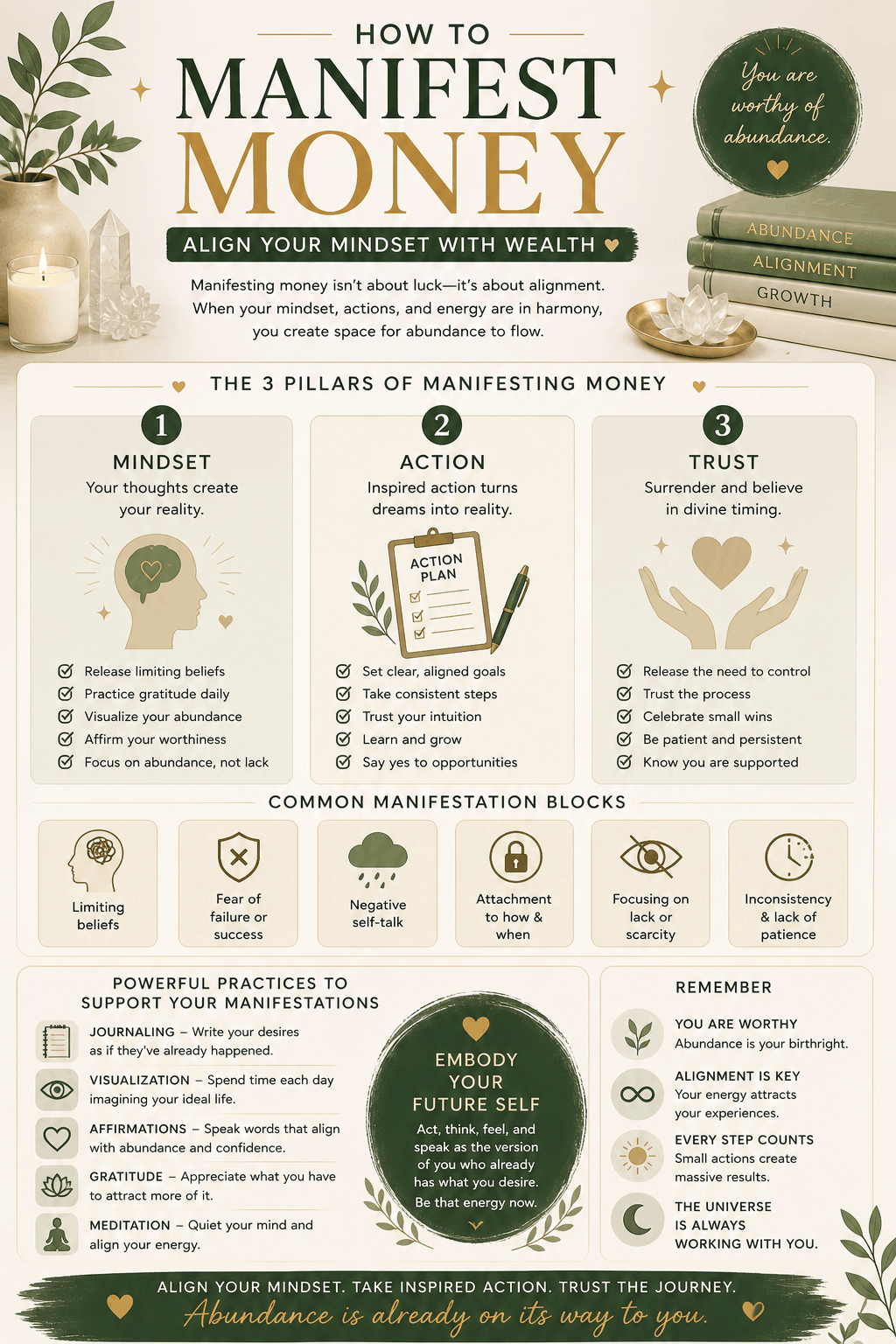 Infographic explaining manifesting money through abundance mindset, aligned action, trust, manifestation blocks, and practical wealth manifestation techniques.