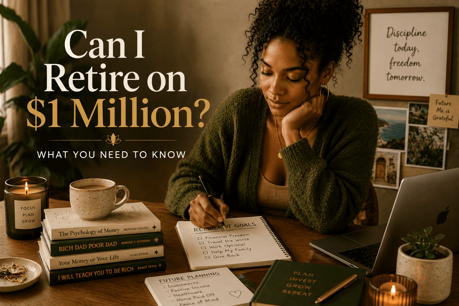 Black woman planning retirement finances in a cozy earthy-toned room representing future financial planning and retirement goals.