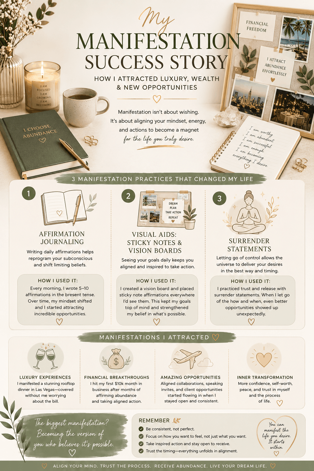 Infographic illustrating manifestation techniques including affirmations, journaling, visualization, surrender statements, and abundance mindset practices for personal and financial growth.