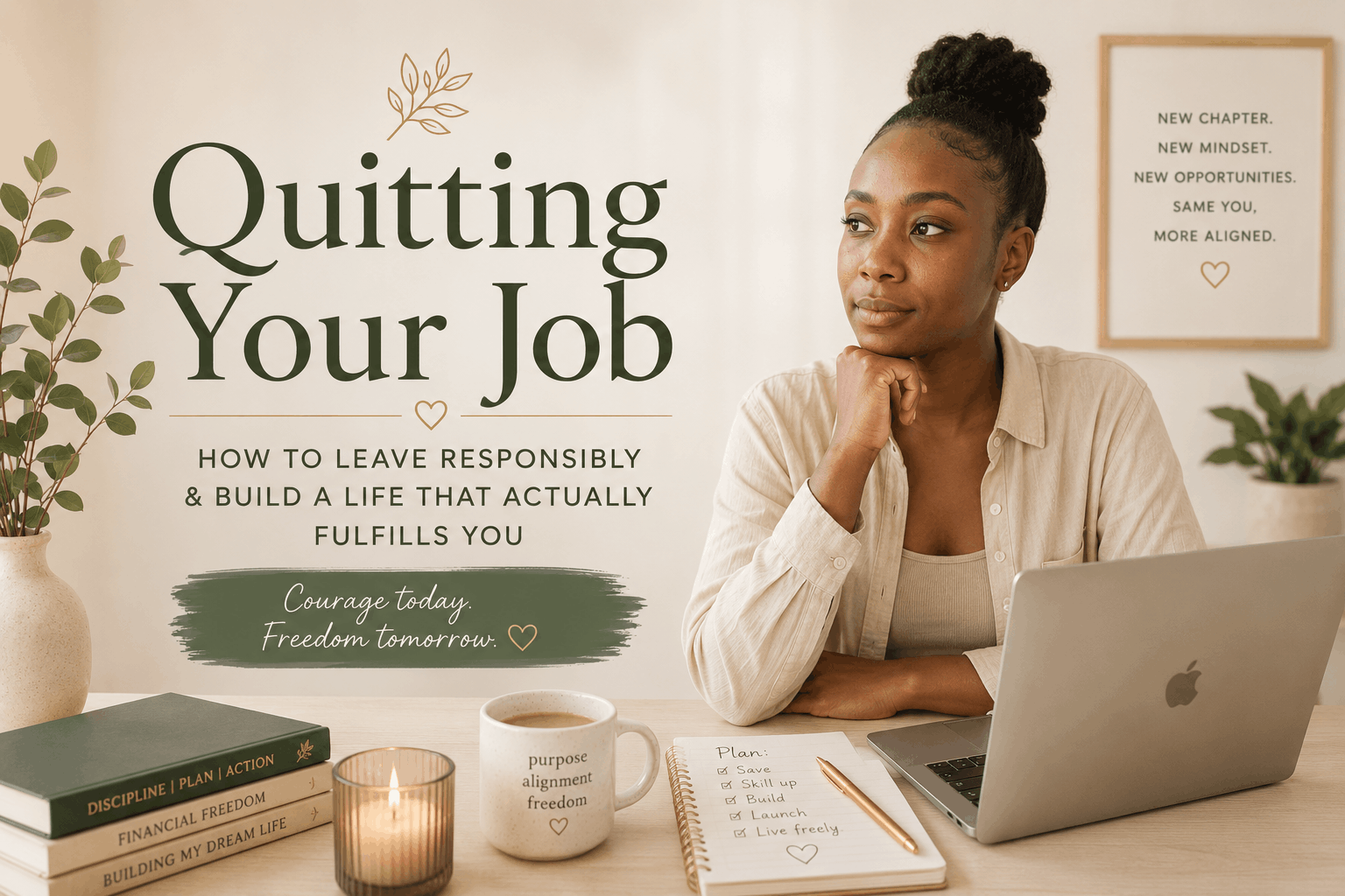 Editorial-style blog cover featuring a thoughtful Black woman sitting at a desk with a laptop in a calming neutral-toned workspace representing quitting your job, career transitions, purpose driven work, and building a more aligned life.