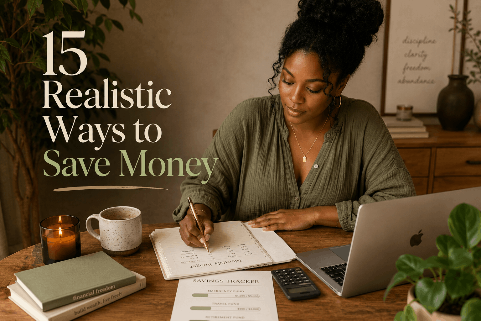 Black woman reviewing her finances at a cozy wooden table with a notebook, laptop, coffee, and candle in a warm earthy-toned space about realistic ways to save money.