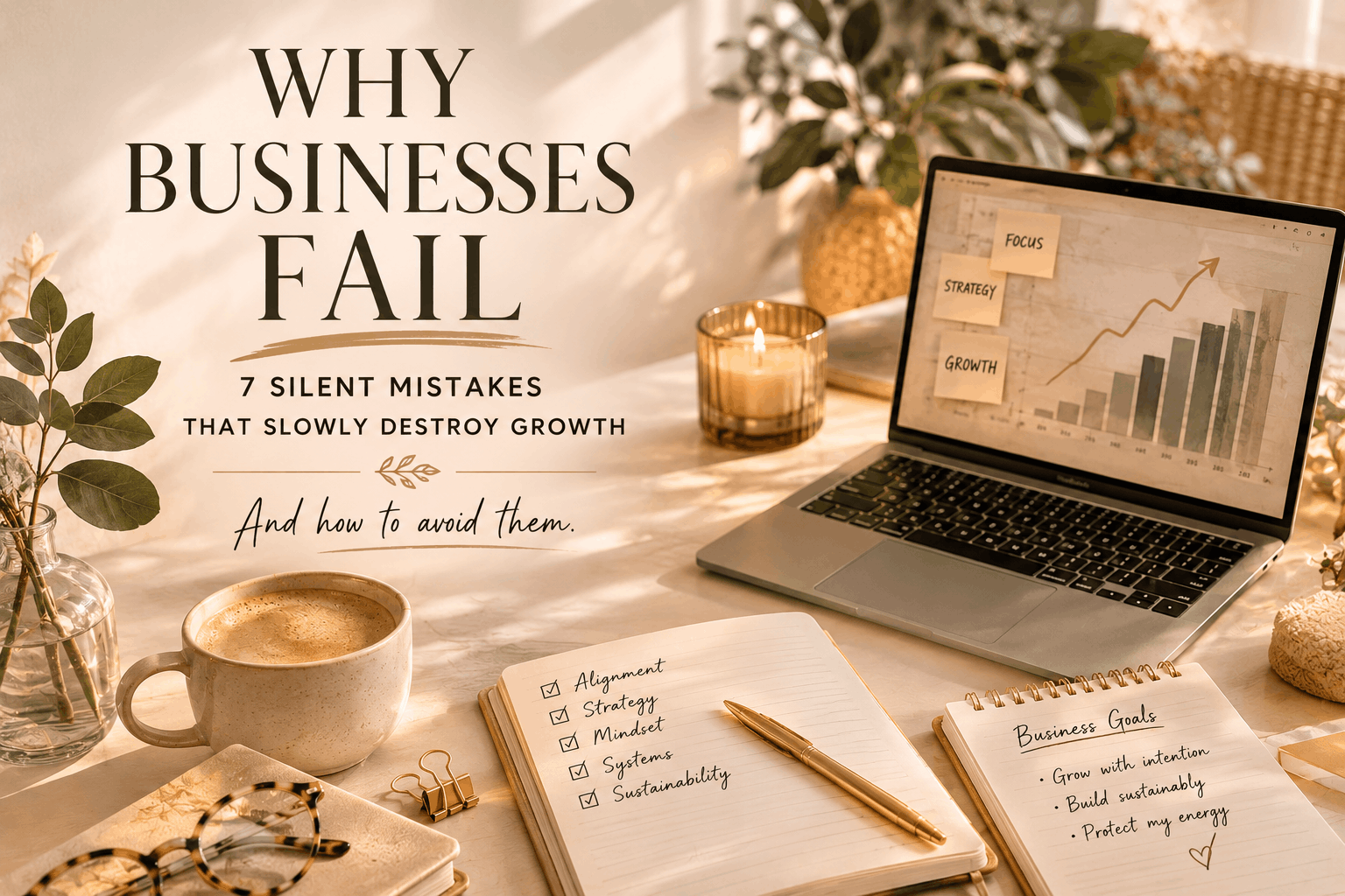Editorial-style entrepreneur workspace with laptop, coffee, and calming office setup representing why businesses fail, burnout, mindset, and sustainable business growth.