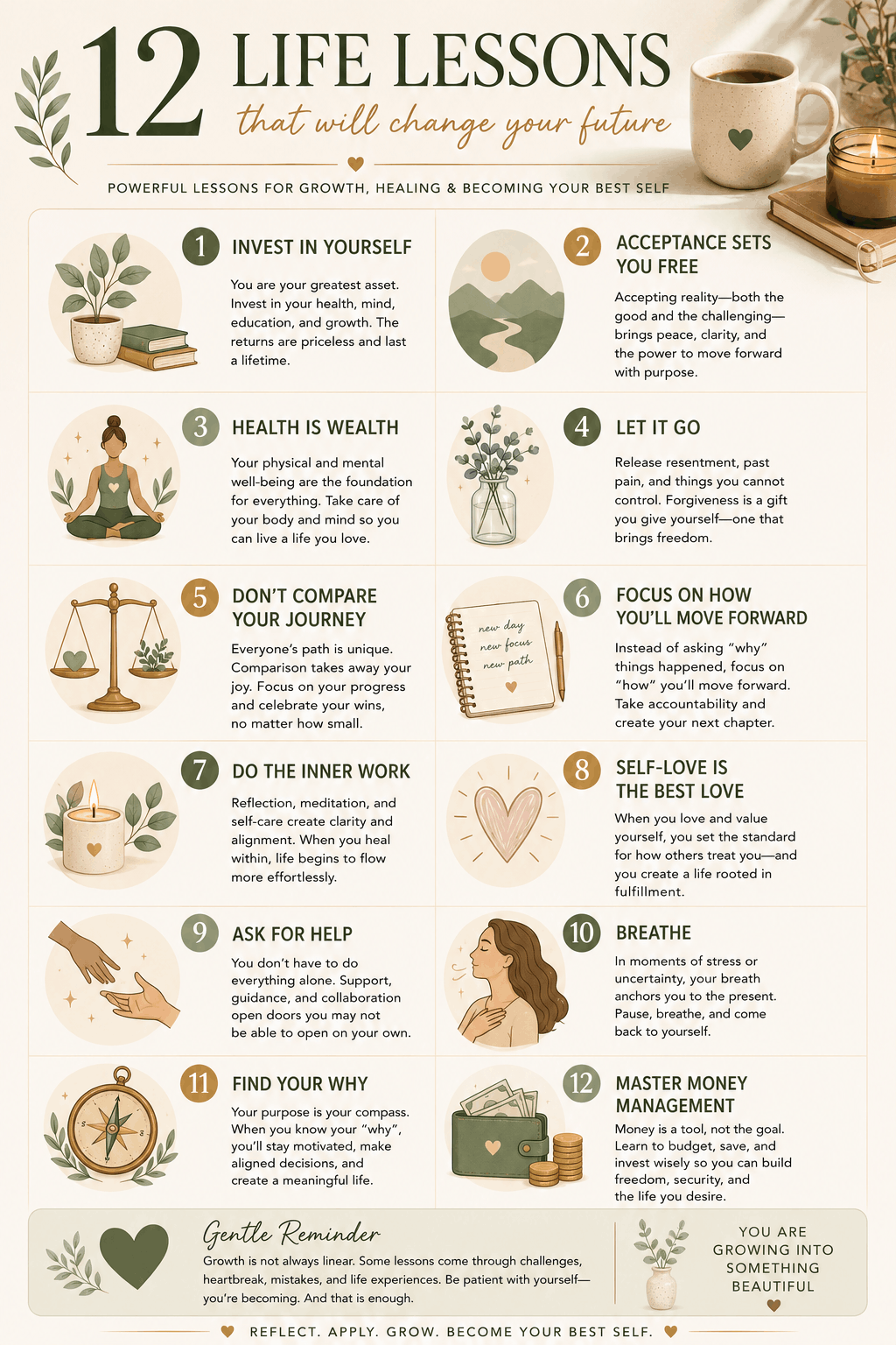 Infographic sharing 12 life lessons about investing in yourself, personal growth, self-love, healing, money management, mindfulness, and emotional wellbeing in a warm neutral-toned aesthetic.