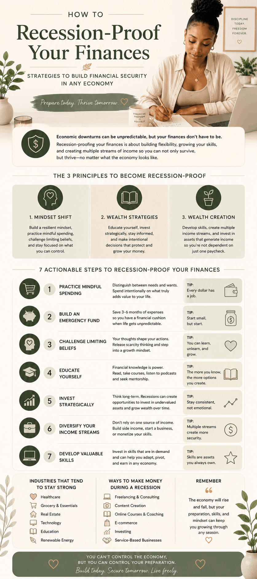 Infographic explaining recession-proof finances, how to make money during a recession, emergency savings, multiple income streams, investing strategies, and financial resilience during economic uncertainty.
