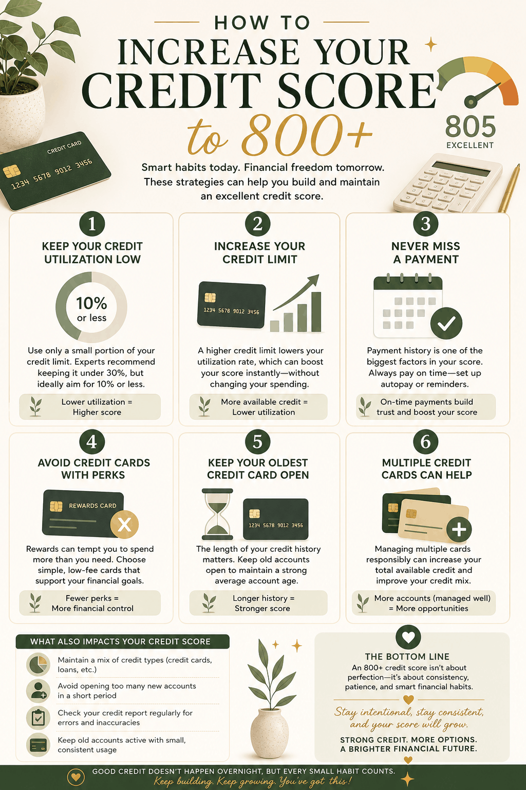 Infographic explaining how to improve your credit score to 800+ using low credit utilization, on-time payments, increased credit limits, and healthy credit building strategies.
