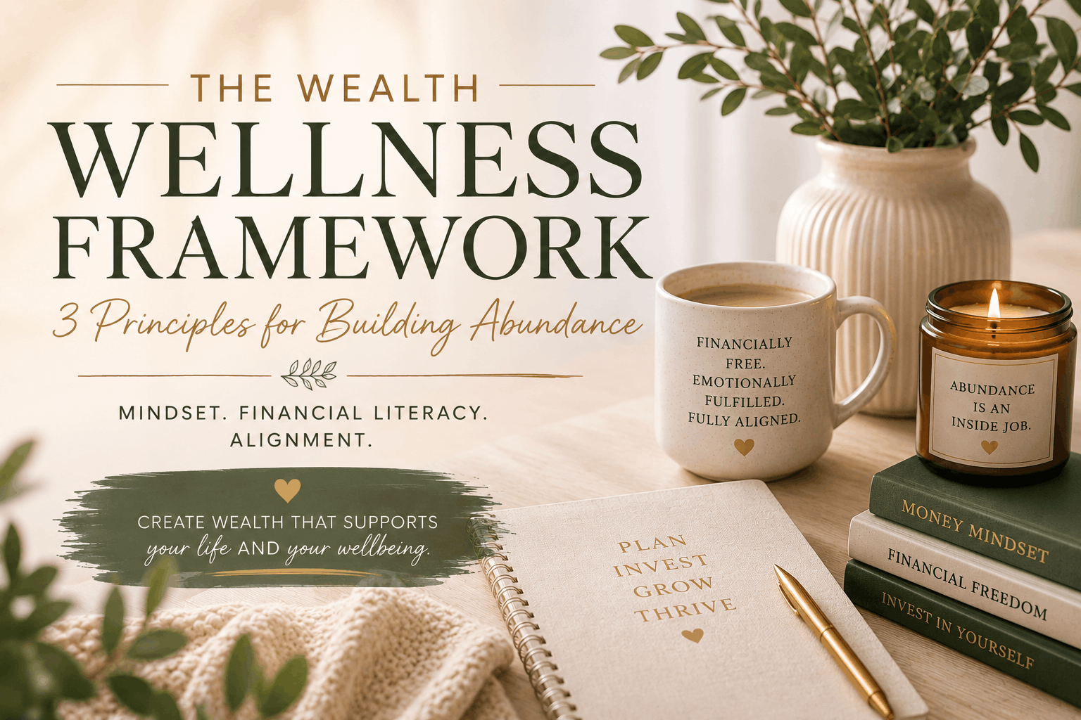 Warm neutral-toned wellness and finance workspace with candle, coffee, journal, and greenery representing the Wealth Wellness Framework, abundance mindset, financial literacy, and aligned wealth building.