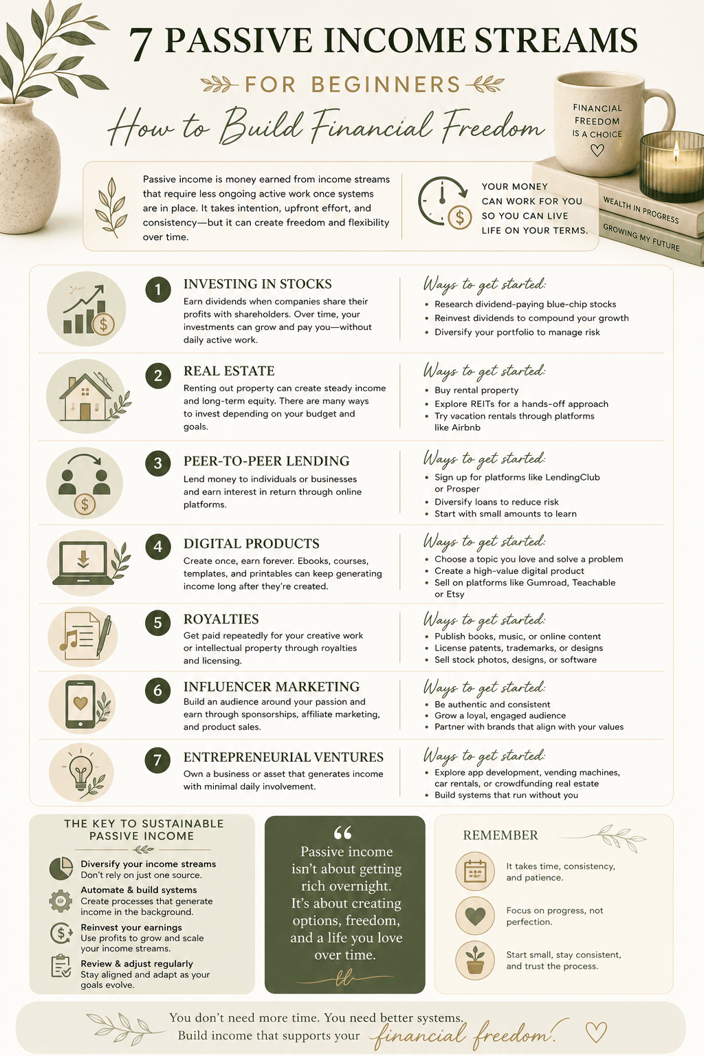 Infographic explaining passive income streams for beginners including investing, real estate, digital products, affiliate marketing, royalties, and long-term wealth building strategies.