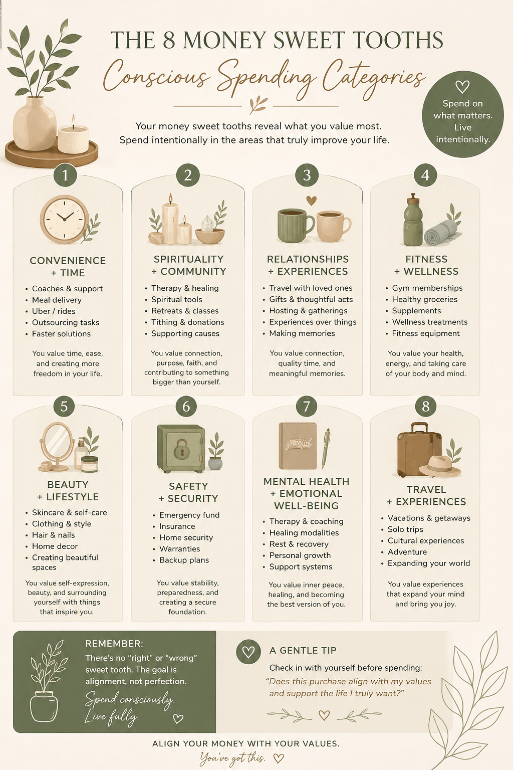 Infographic showing eight conscious spending categories including wellness, relationships, travel, beauty, mental health, spirituality, convenience, and financial security to help align money with personal values.