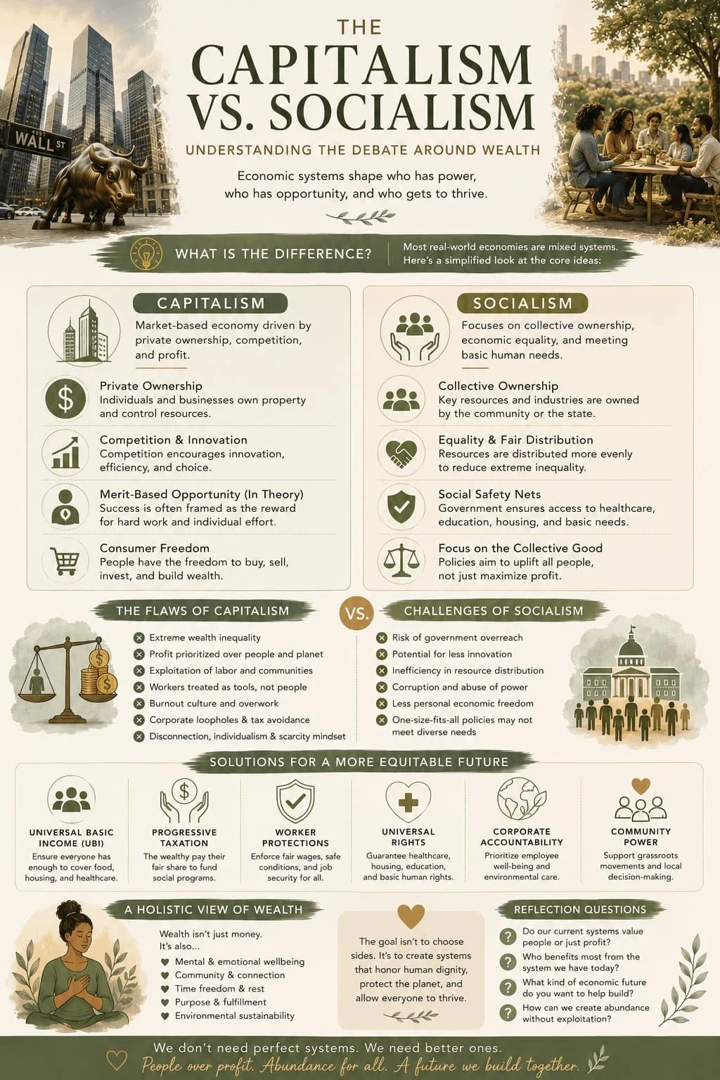 Infographic explaining the capitalism vs socialism debate including the flaws of capitalism, economic systems explained, inequality, worker protections, and holistic wealth concepts.