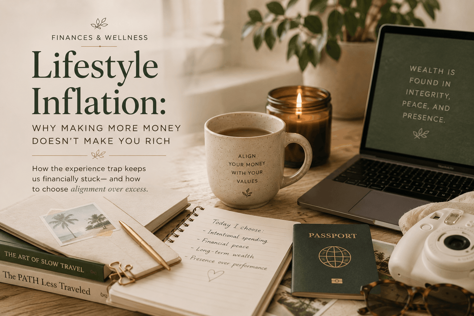 Editorial-style blog cover featuring cozy travel-inspired workspace representing lifestyle inflation, emotional spending, and redefining wealth through intentional living.