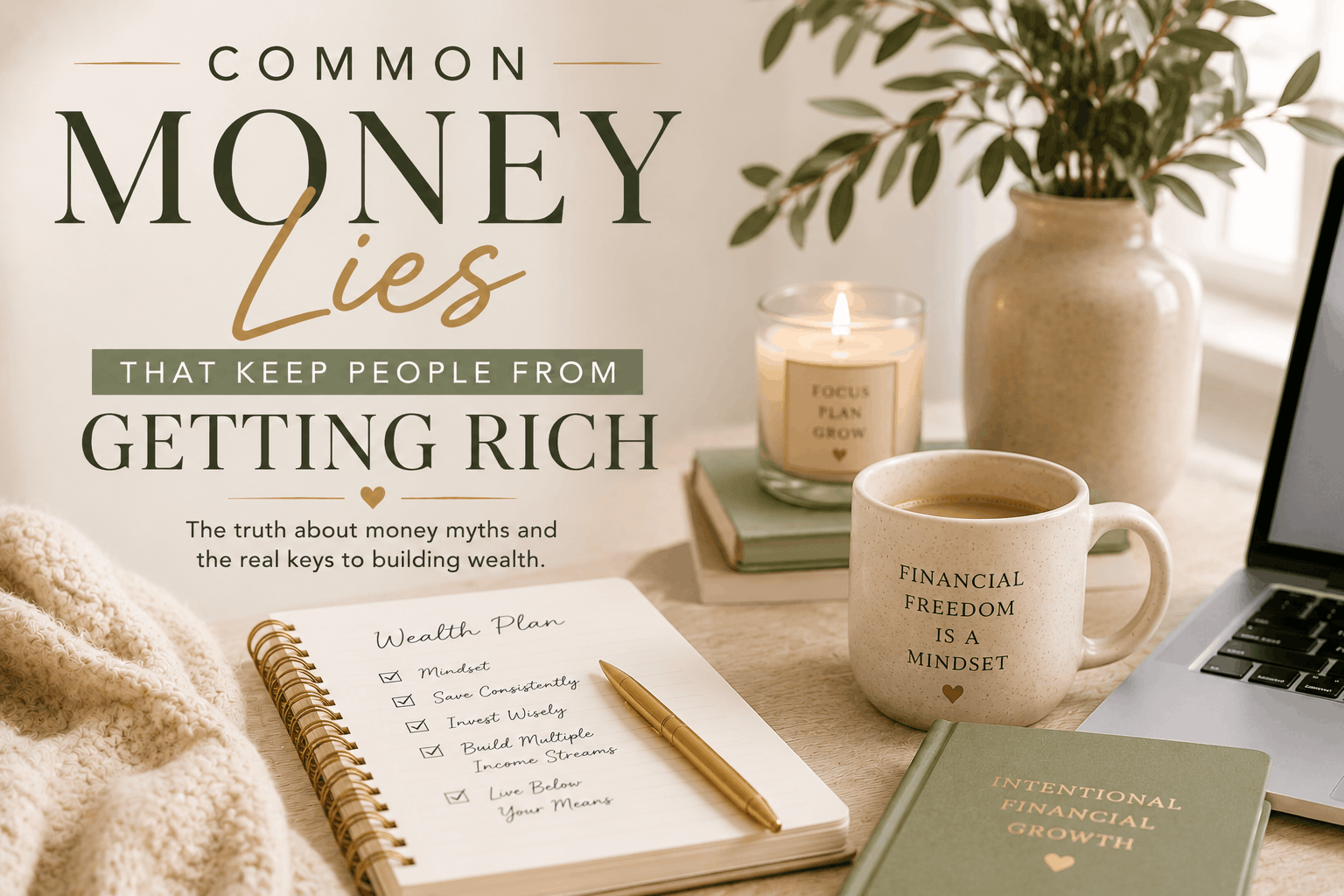 Warm neutral-toned financial planning workspace with journal, coffee, laptop, candle, and wealth mindset aesthetic representing common money lies and building wealth intentionally.