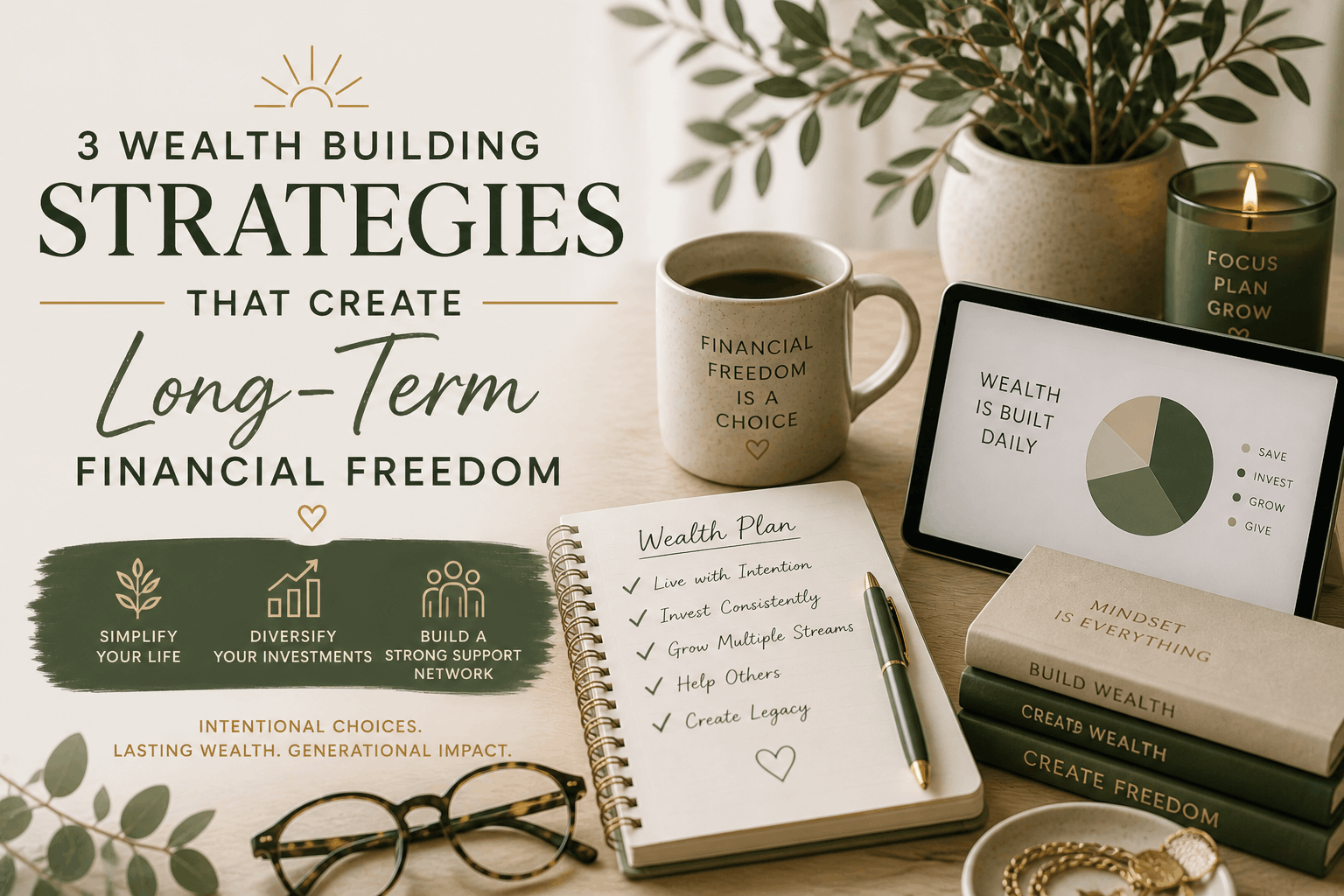 Wealth building strategies blog cover featuring investing tools, financial planning notebook, coffee, and calming neutral workspace representing long-term financial freedom and intentional wealth building.