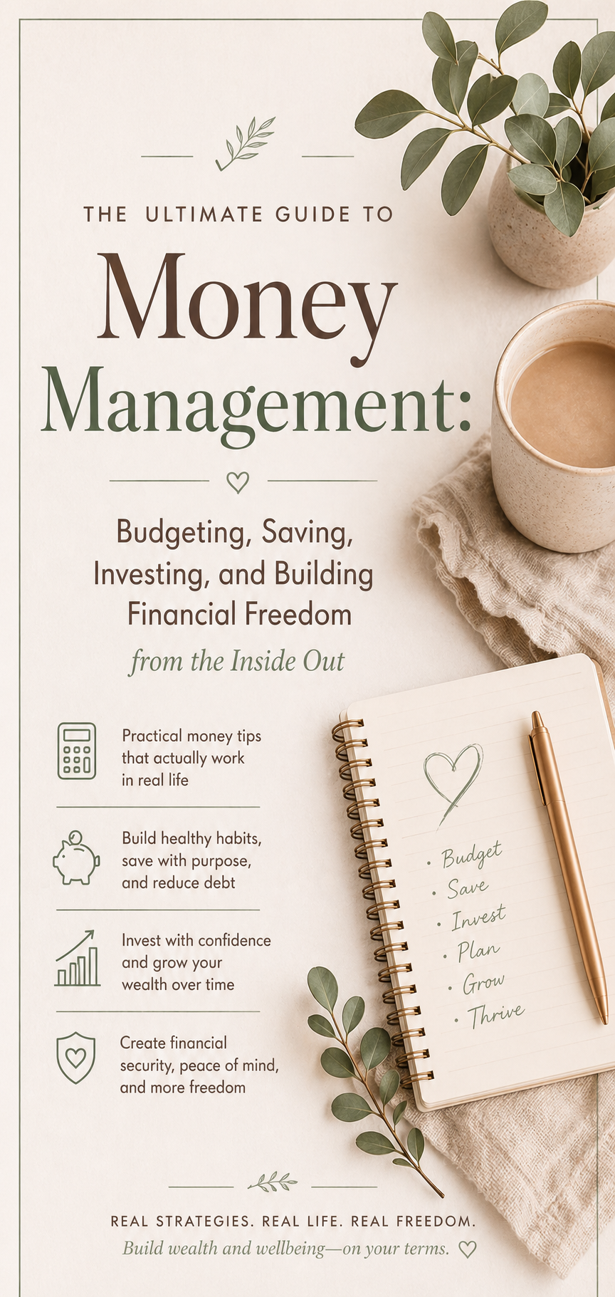 Money management guide cover featuring budgeting, saving money, financial planning, and investing tools in a soft neutral wellness aesthetic
