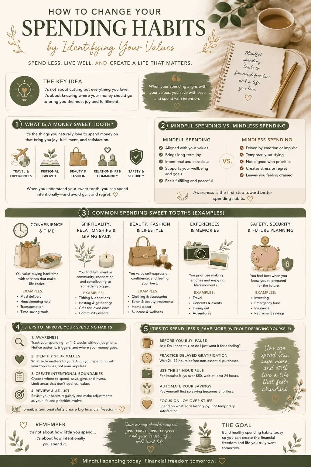 Infographic explaining spending habits, mindful spending, emotional spending triggers, budgeting, and how to spend less save more while living well.