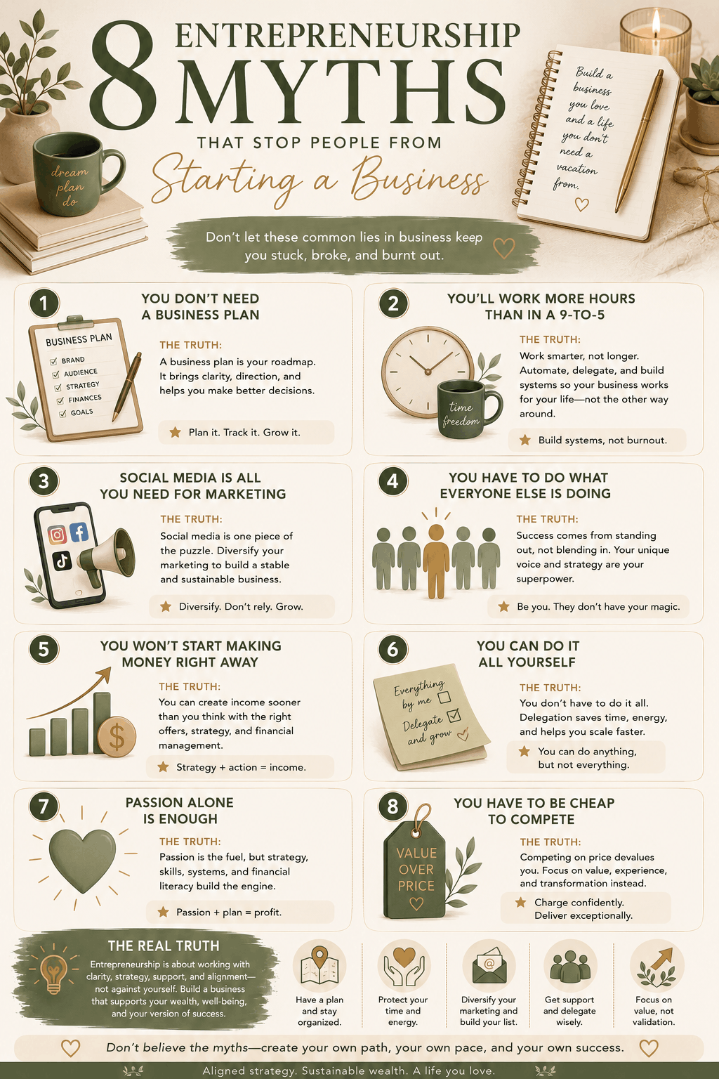 Infographic explaining entrepreneurship myths, common lies in business, small business myths, hustle culture, burnout, and sustainable entrepreneurship strategies.