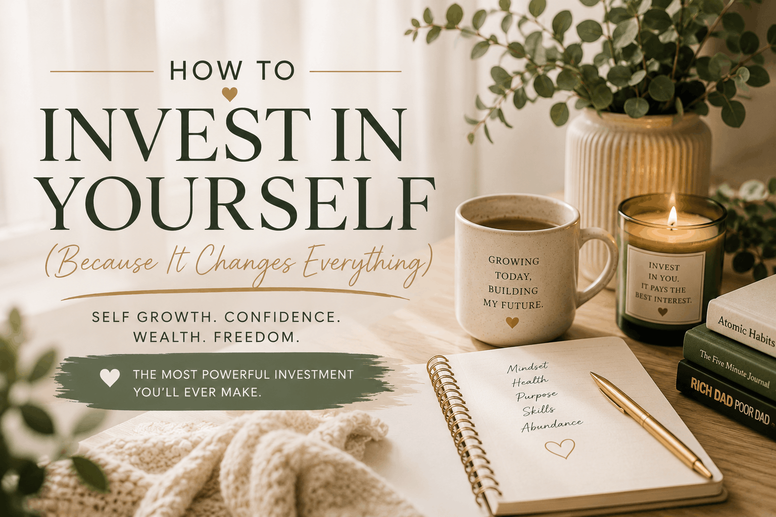 Warm neutral-toned self growth workspace with books, journal, candle, coffee, and greenery representing personal development, investing in yourself, confidence, and intentional growth.