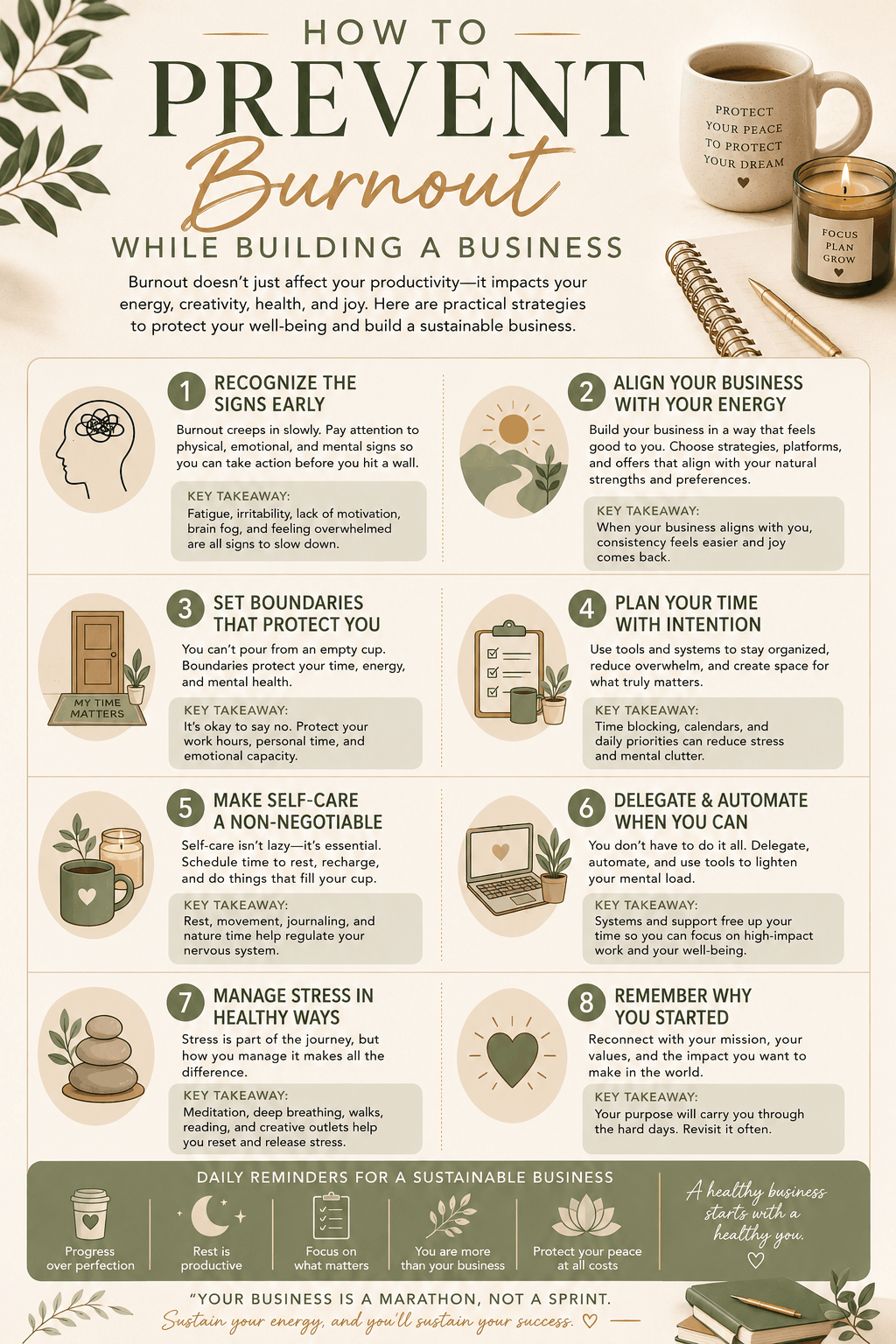 Infographic explaining how to prevent burnout while building a business including self-care, boundaries, aligned marketing, stress management, organization, and entrepreneur burnout prevention tips.