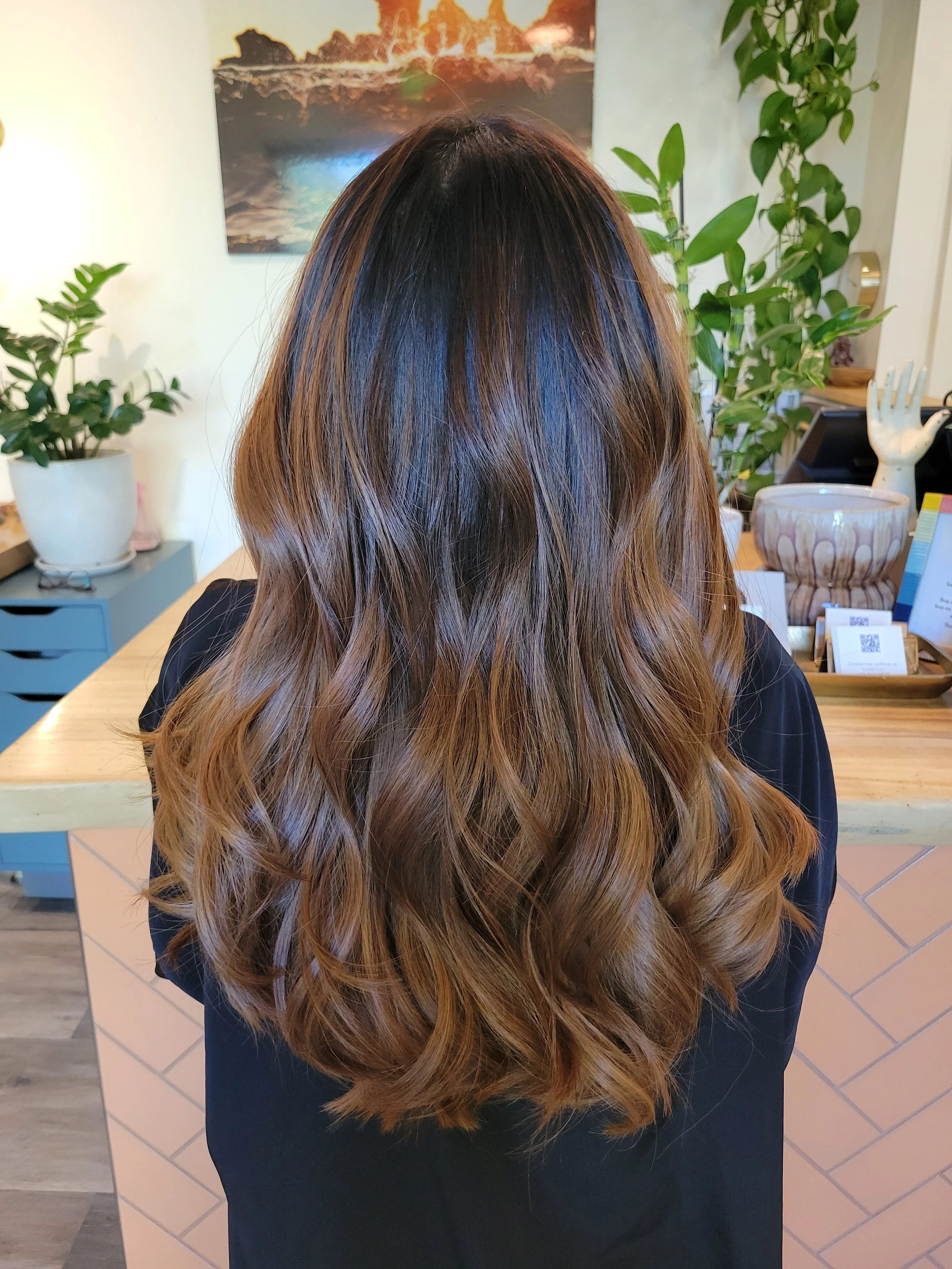 A woman with long, wavy hair with a balayage, from dark brown at the roots to caramel and honey blonde tips, standing with her back facing the camera in a modern interior space with plants and art.