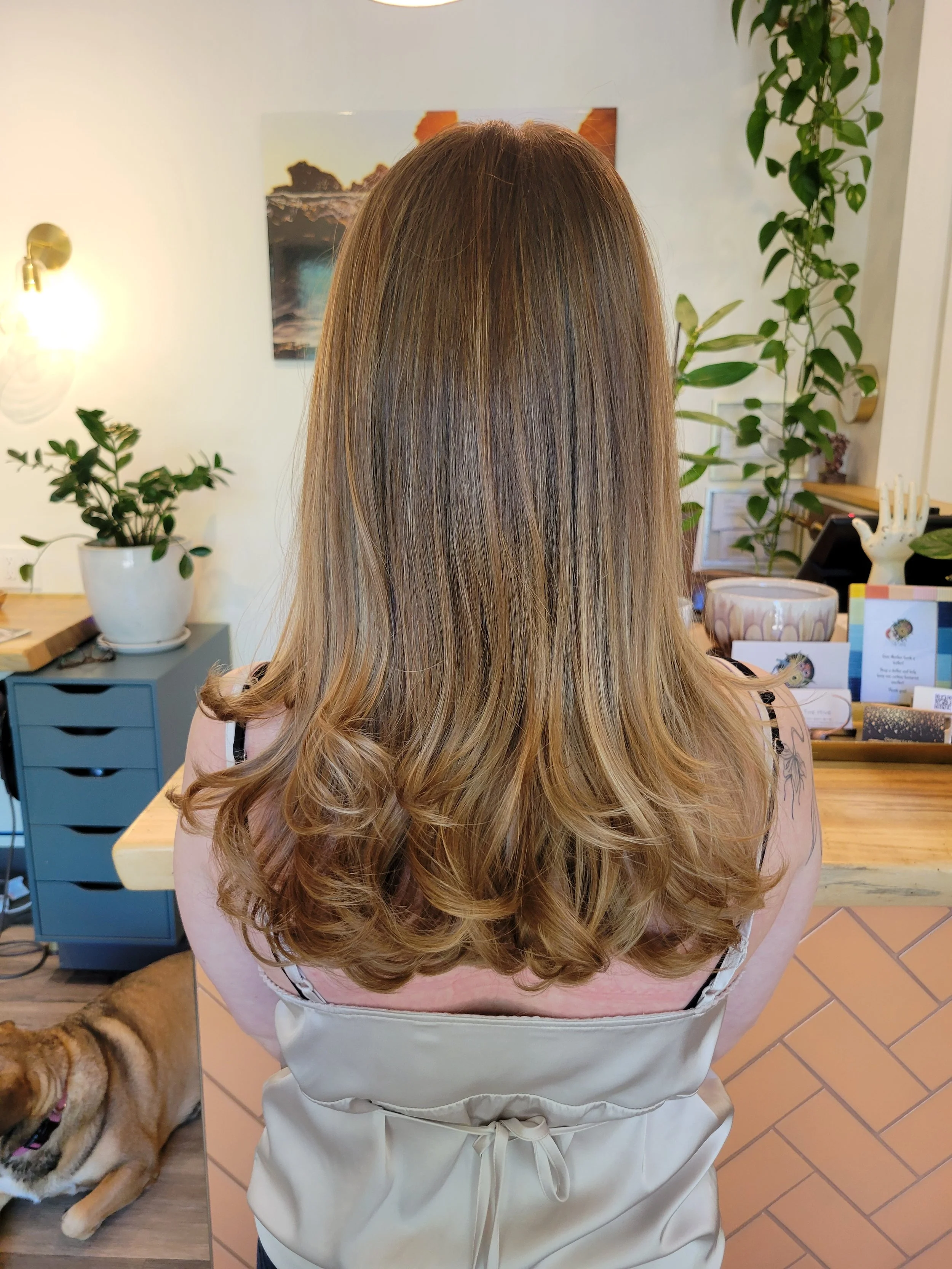 Back view of a woman with long, blonde, wavy hair sitting in a room with plants and decorative items.
