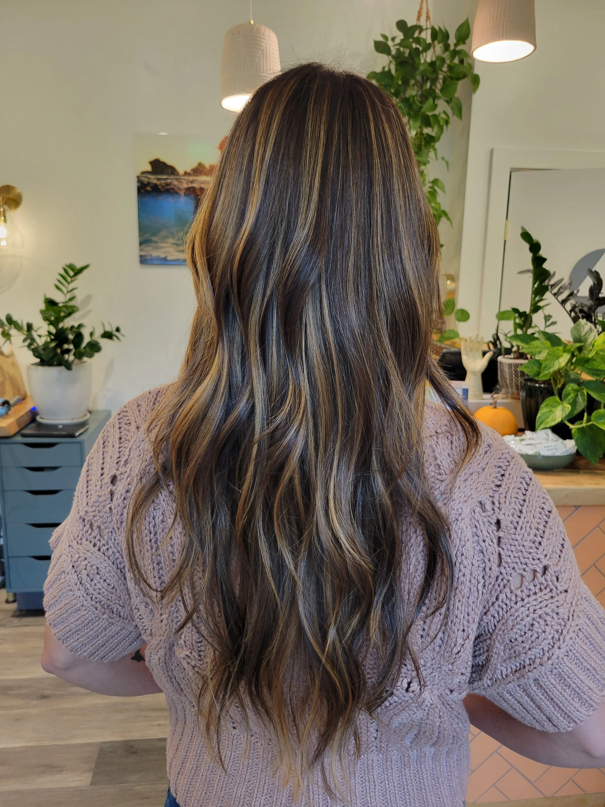 Back of a woman with long, wavy brown hair with blonde highlights, wearing a light pink knitted sweater, in a cozy indoor setting with plants and decorative items.