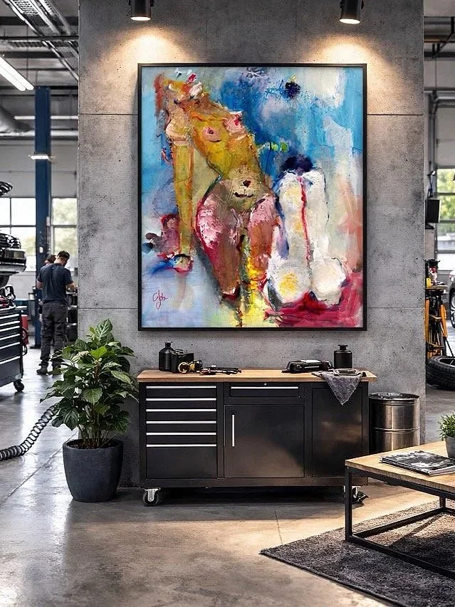 Sirenen in Werkstatt mit Kunst und Lounge-Ecke