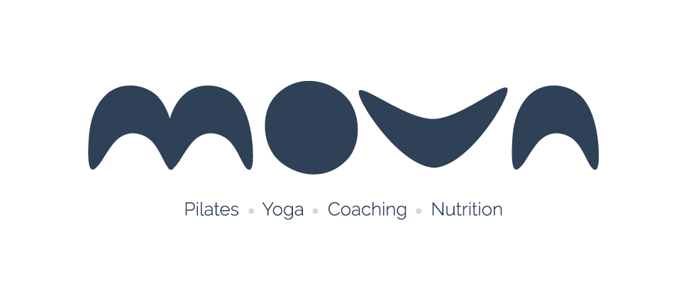 Logotype écriture du nom du studio "Mova" avec des lettres rondes comme des silhouettes. Spécification des spécialités du studio : Pilates, Yoga, Coaching, Nutrition