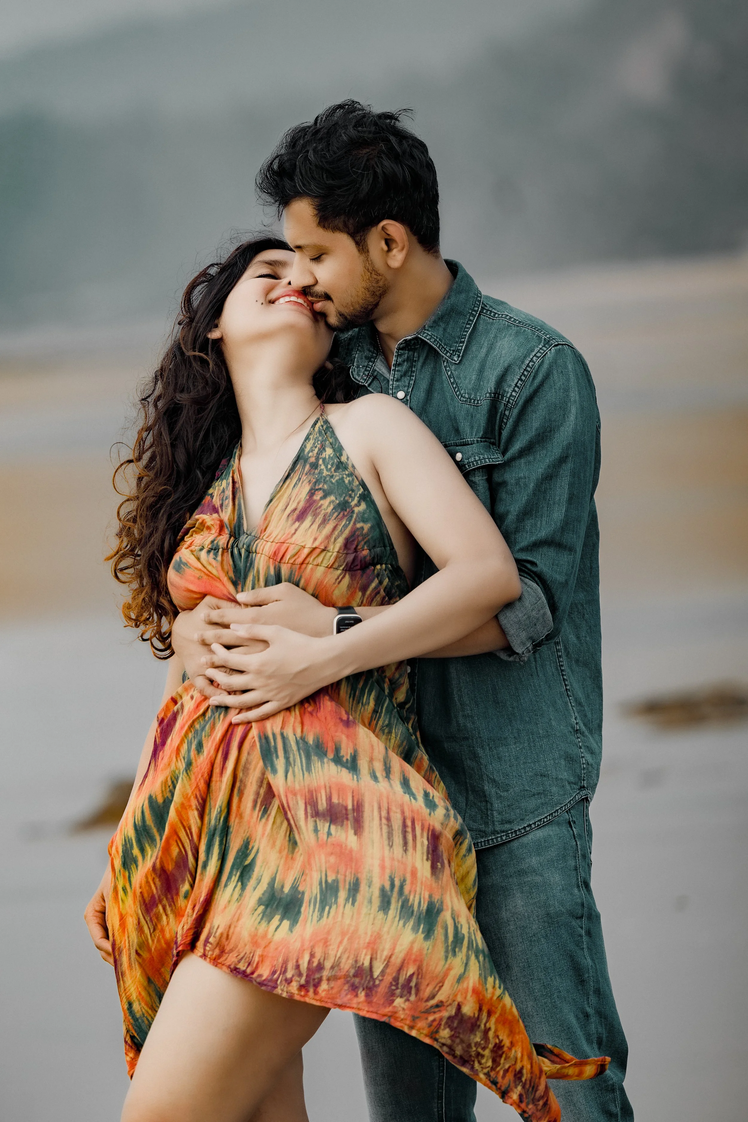 Orange Green Ruched Kaftan Dress - Fits S & M