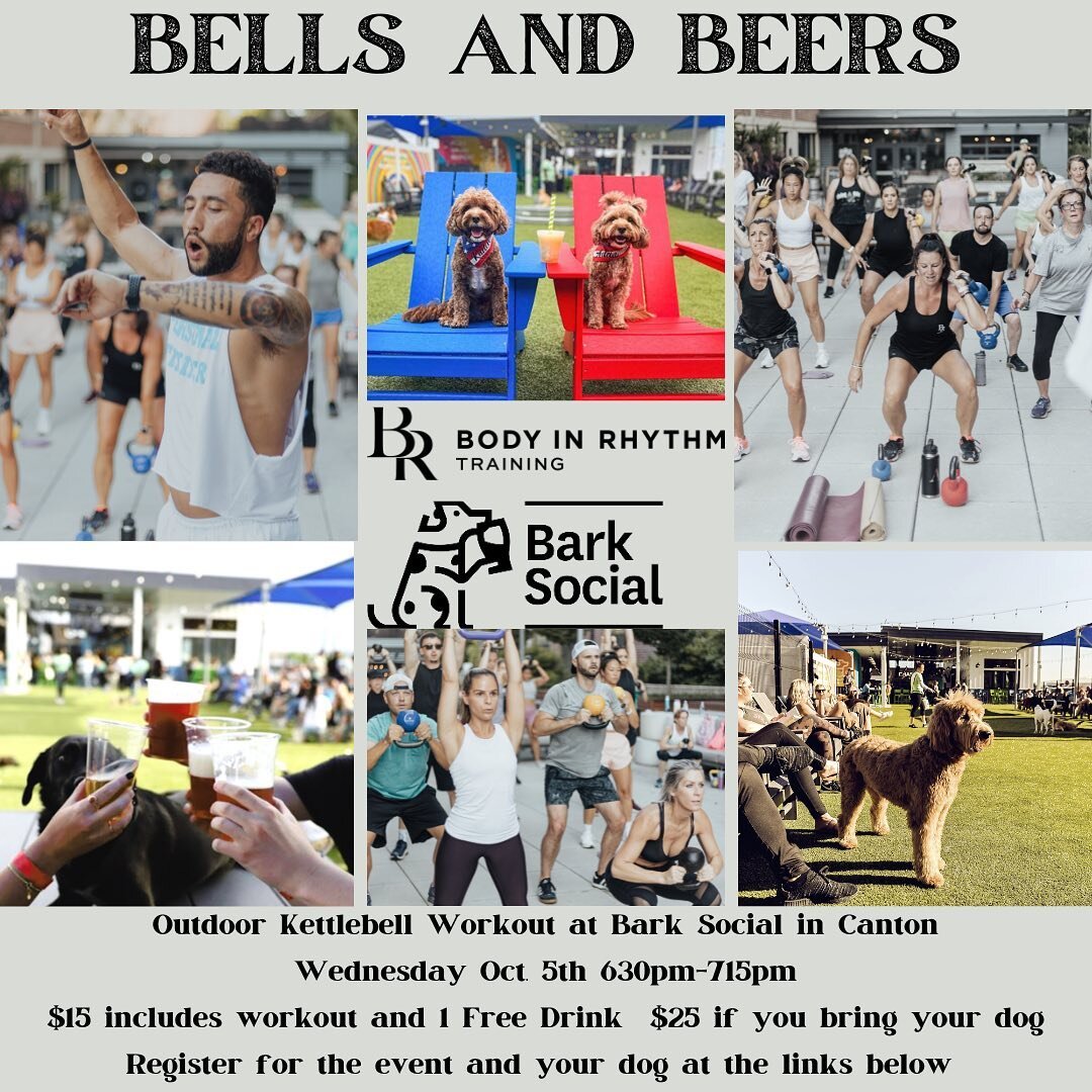 The final stop on our Bells and Beers Tour is at Bark Social in Canton.
Body in Rhythm Training and Myelz Ocadiz Fitness are ready for the night of fun with you and your furry friend 🦮First is a 30-40 Min beginner to intermediate Kettlebell Class an