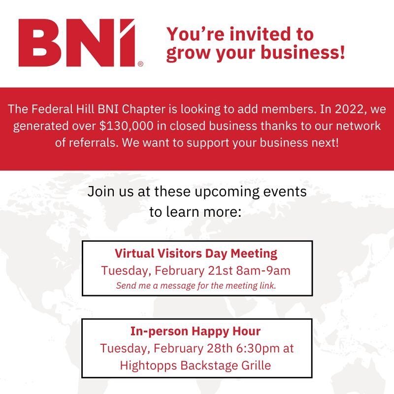 Looking to grow your business and network of referrals? Come see what BNI (Business Network International) is all about! Our chapter is hosting two visitor events in February where you can meet our members and learn more (you don't need to be located