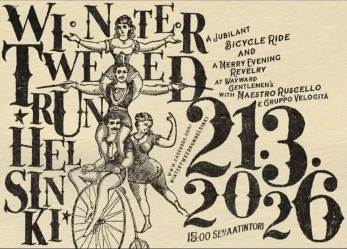 Winter Tweed Run Helsinki 2026 kommer &auml;ga rum den 21 mars! Vi h&auml;nvisar till deras Facebook forum och evenemangs beskrivning f&ouml;r mer info ang&aring;ende tid, exakt plats osv. 
Ett omtyckt evenemang som rekommenderas! 

Cykelhistoriska ?