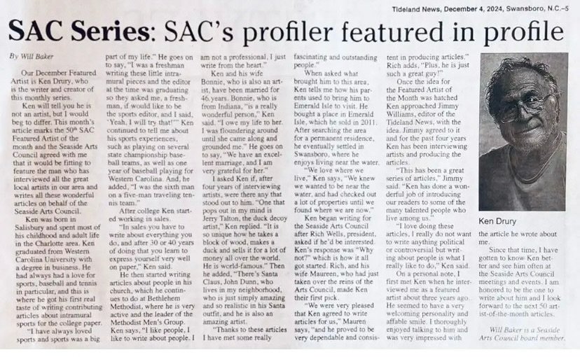 Have you seen today&rsquo;s article about our very own Ken Drury?! 

Ken is the author of our monthly Spotlighted Artists in the Tideland News, and has published 49 incredible articles for our community!

Only fitting he should be our FIFTIETH featur