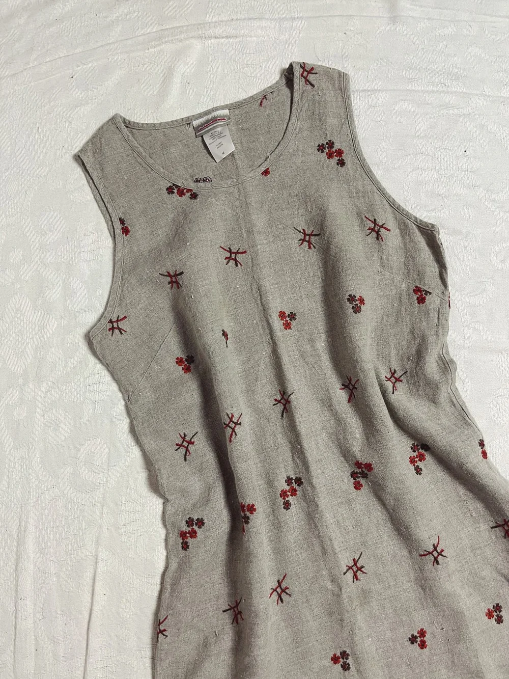 Beige + Red Embroidered Linen Dress | M  Misfit Thrifted