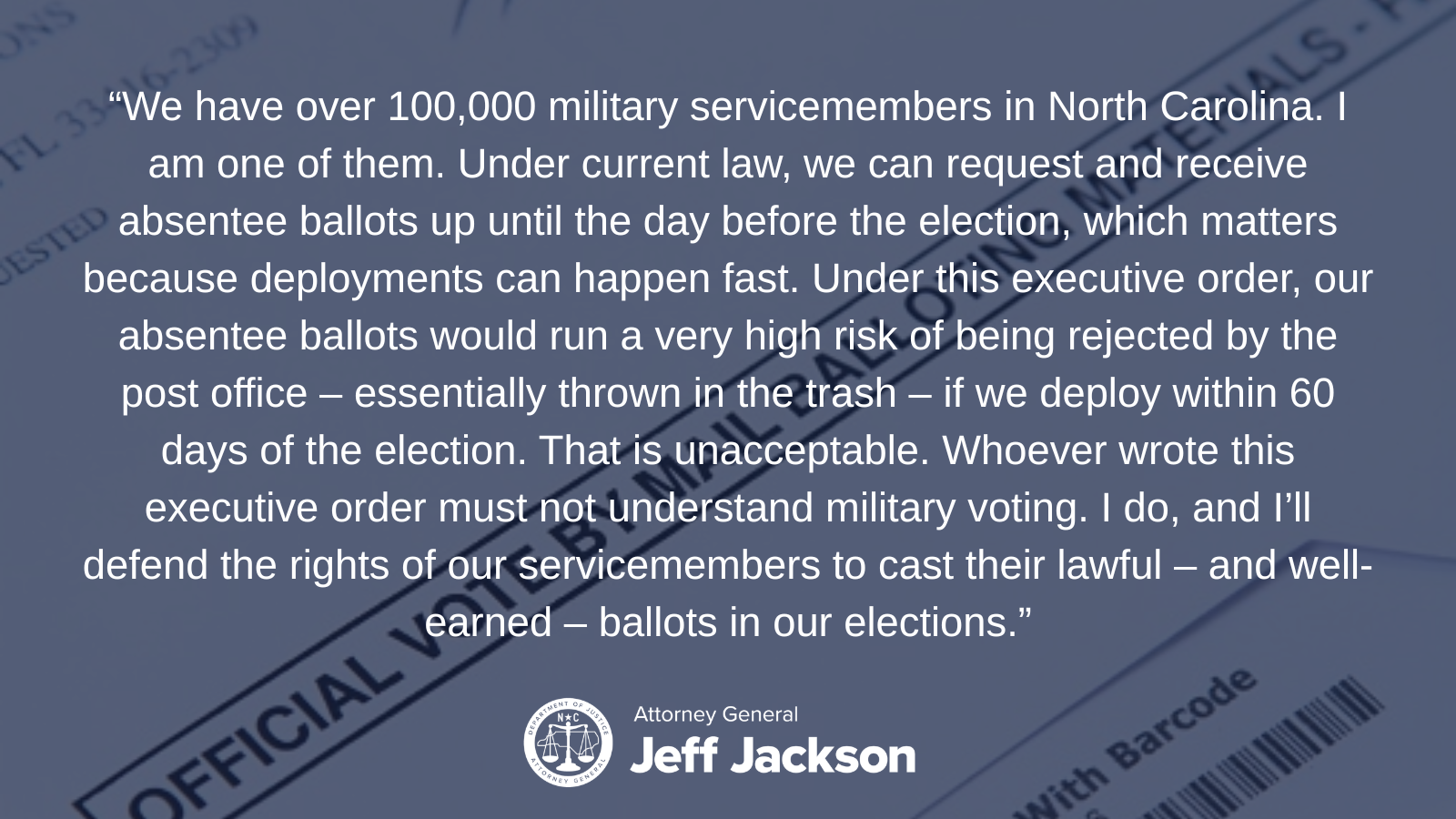 Attorney General Jeff Jackson Sues to Protect North Carolinians’ and Military Servicemembers’ Voting Rights