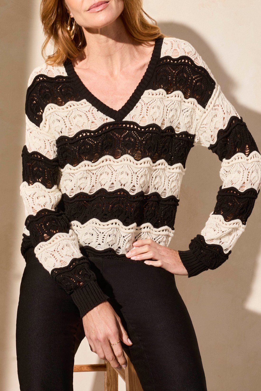 Tribal Striped Crochet V-Neck Sweater